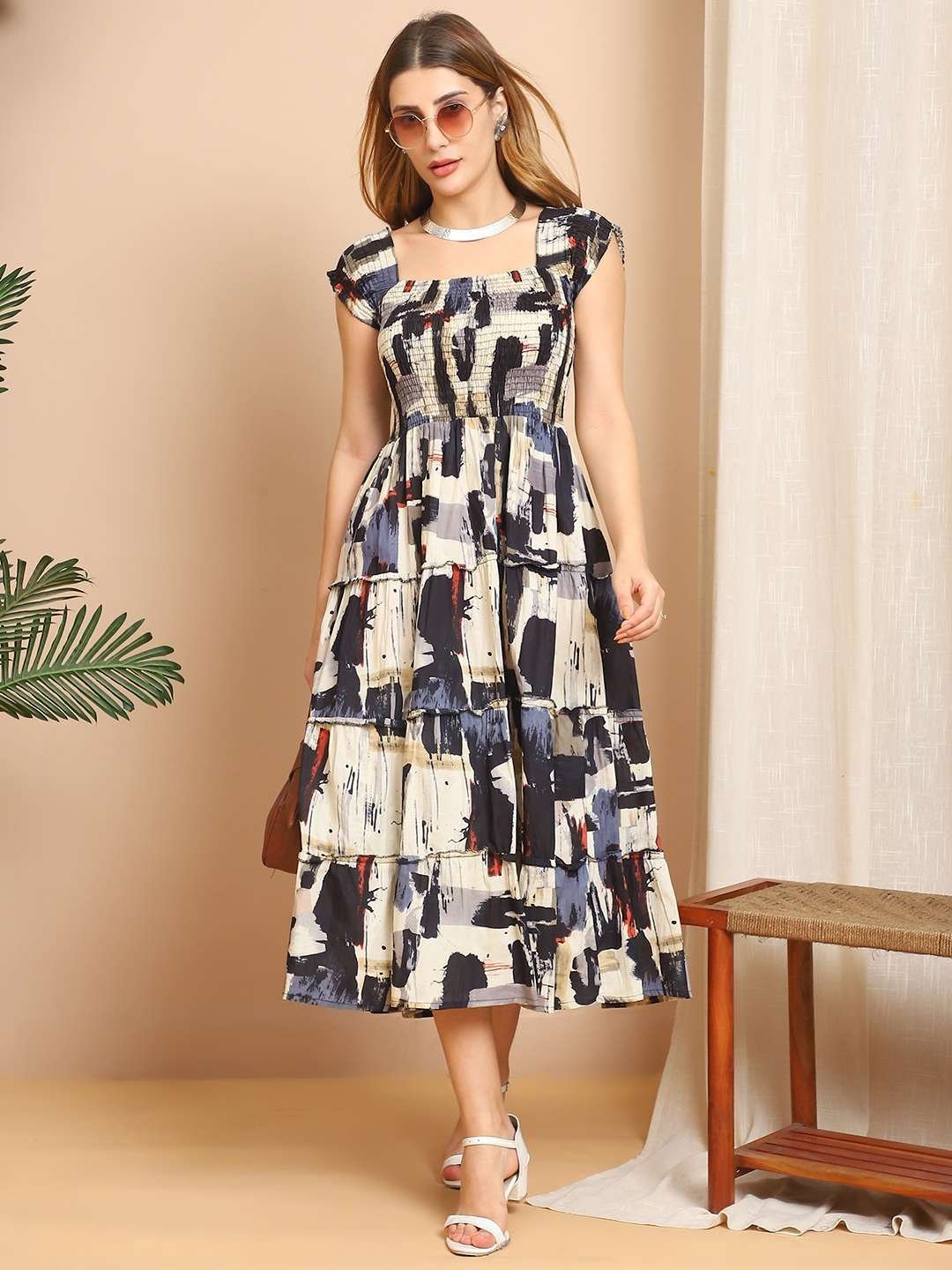 Women’s Viscos Rayon Printed Off Shoulder Midi Dress For Summer And Casual Wear