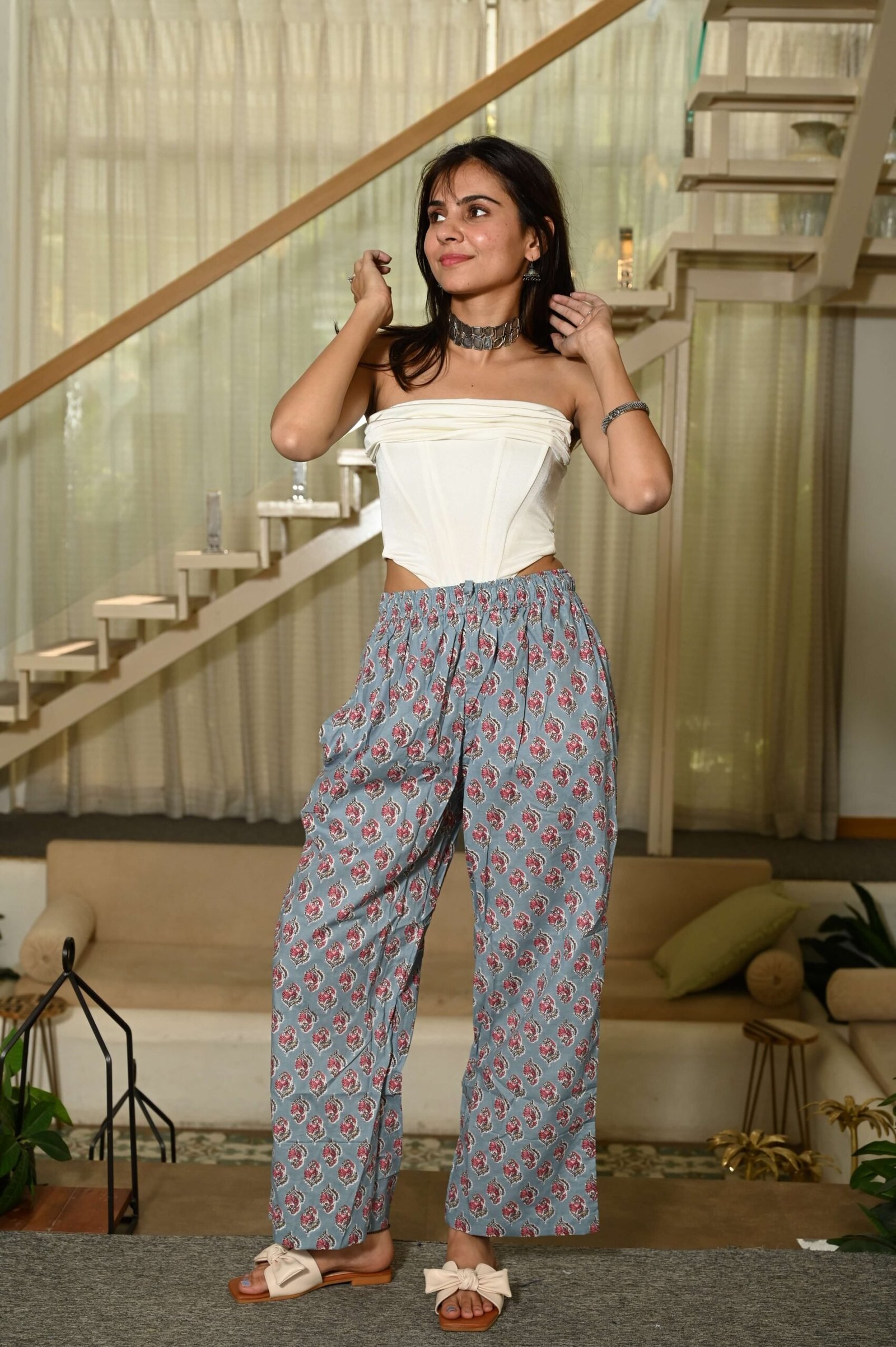 Light Blue Cotton Pants with Pink Floral Print ? Elastic Waist & Pockets”