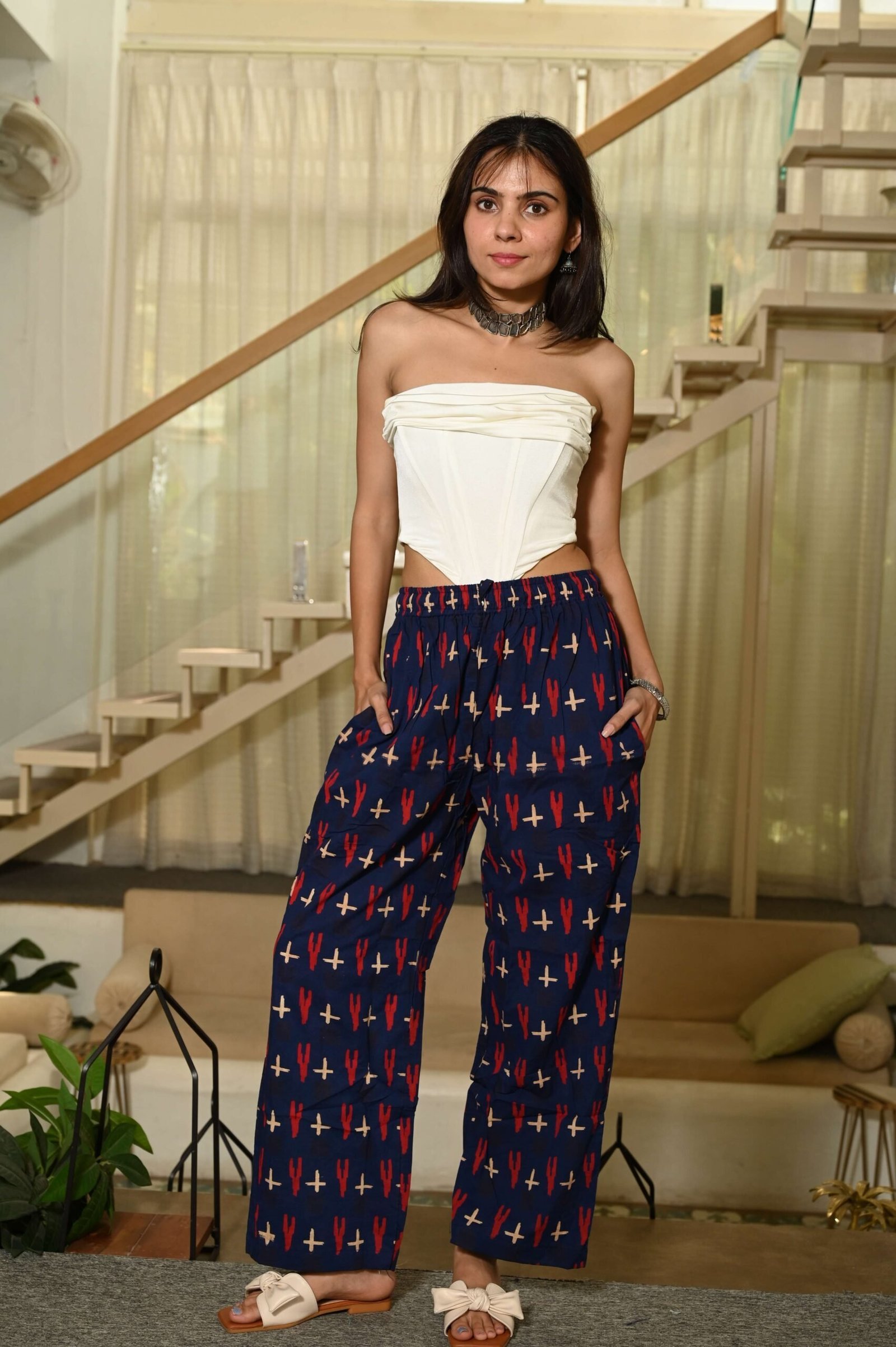 Navy Blue Cotton Pants with Red & White Abstract Print ? Elastic Waist and Pockets”