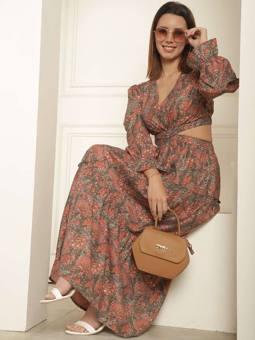 Women’s Silk Printed V-Neck Long Bell Sleeves Tiered Maxi Dress Gown (Brown)