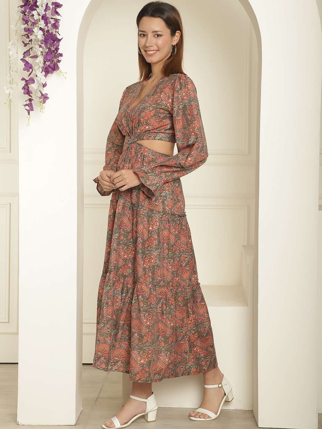 Women’s Silk Printed V-Neck Long Bell Sleeves Tiered Maxi Dress Gown (Brown)