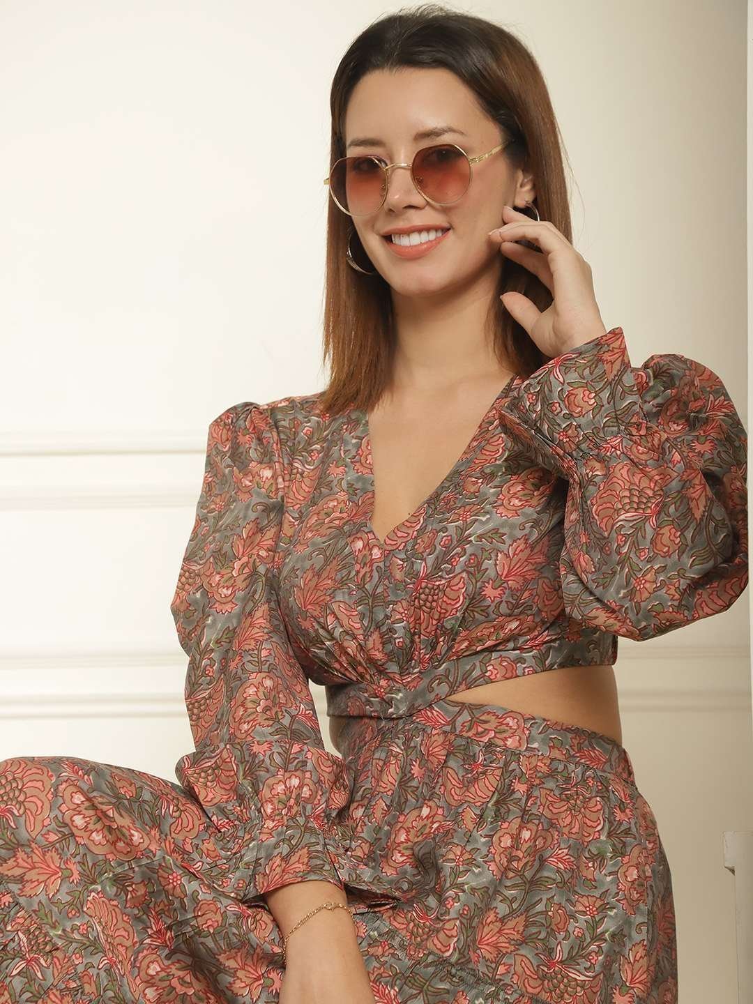 Women’s Silk Printed V-Neck Long Bell Sleeves Tiered Maxi Dress Gown (Brown)