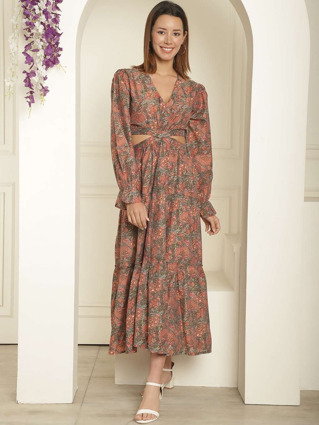 Women’s Silk Printed V-Neck Long Bell Sleeves Tiered Maxi Dress Gown (Brown)