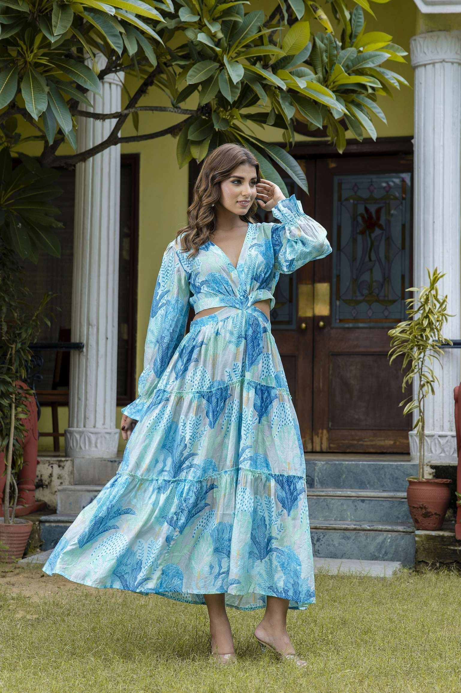 Women’s Silk Printed V-Neck Long Bell Sleeves Tiered Maxi Dress Gown