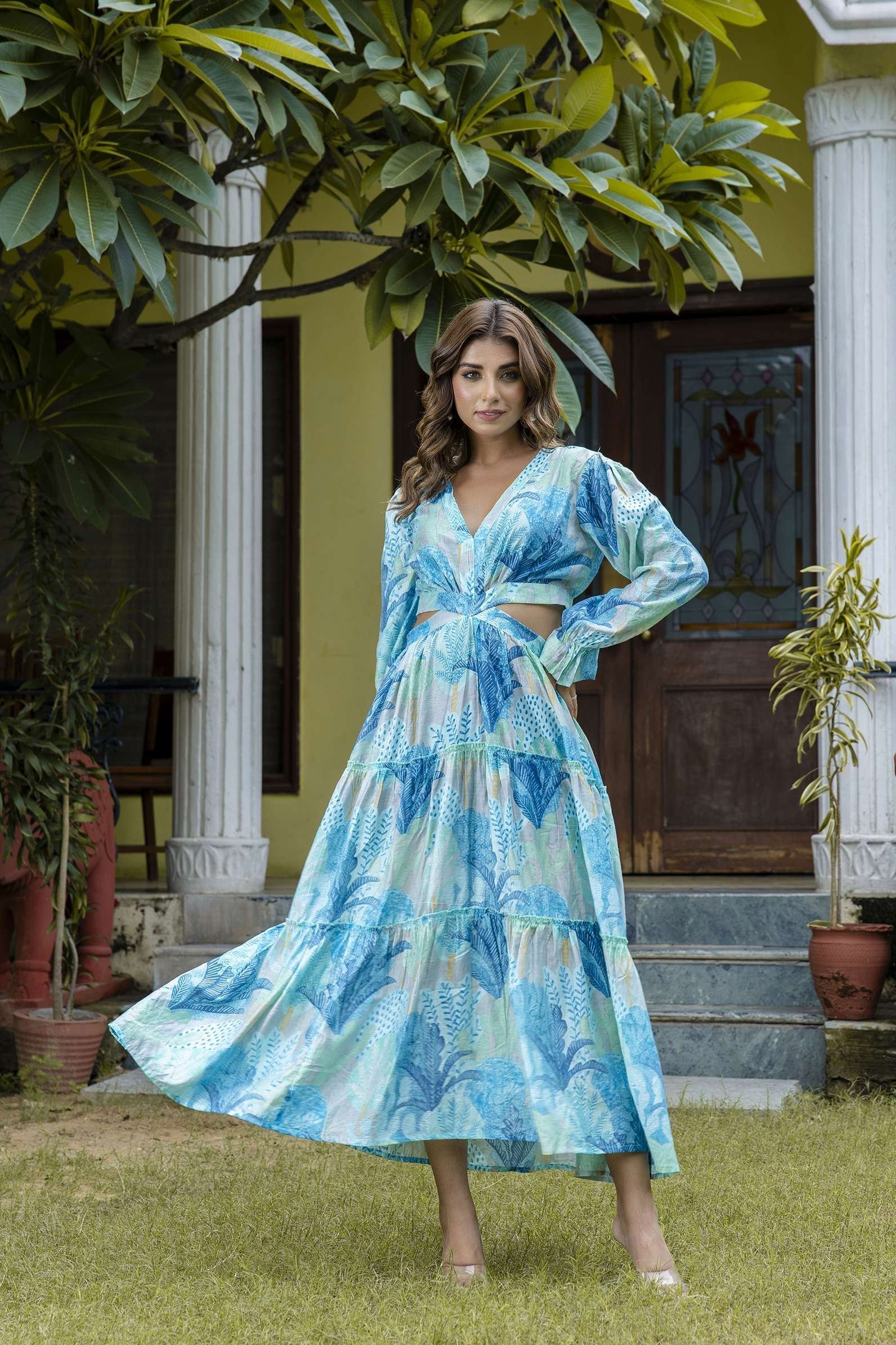 Women’s Silk Printed V-Neck Long Bell Sleeves Tiered Maxi Dress Gown