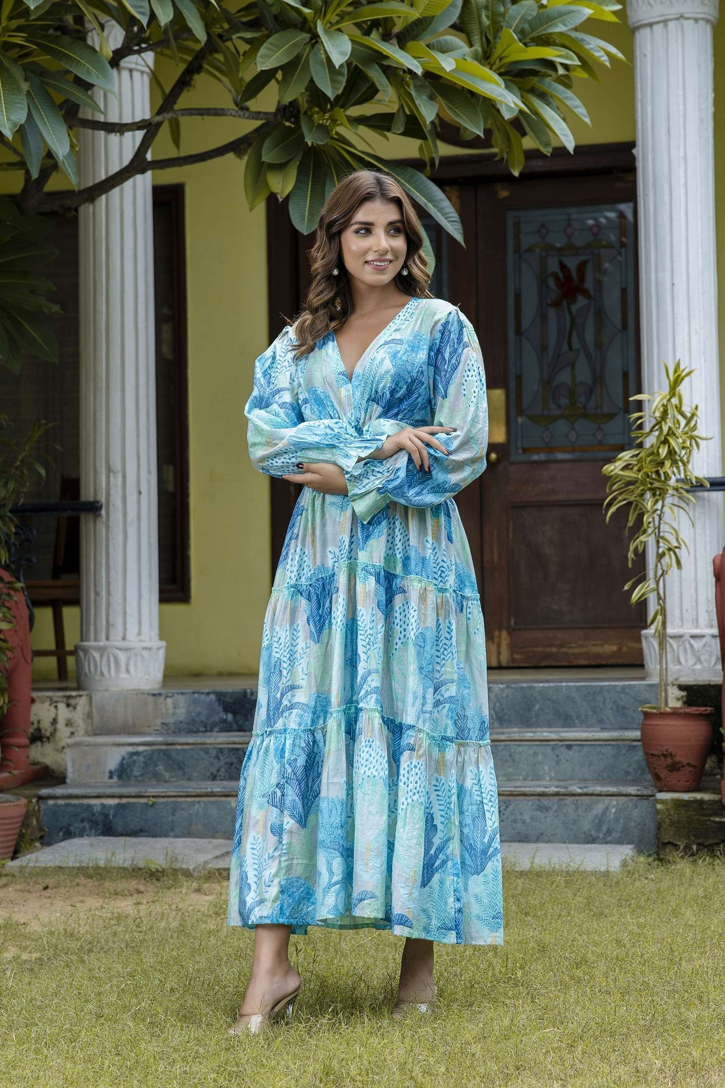 Women’s Silk Printed V-Neck Long Bell Sleeves Tiered Maxi Dress Gown