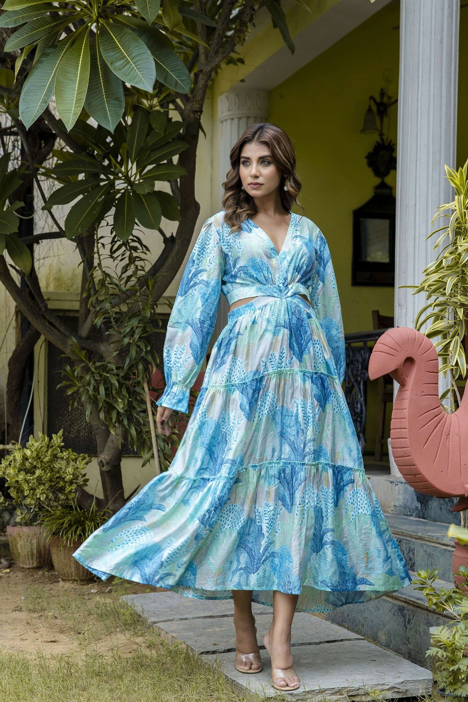Women’s Silk Printed V-Neck Long Bell Sleeves Tiered Maxi Dress Gown