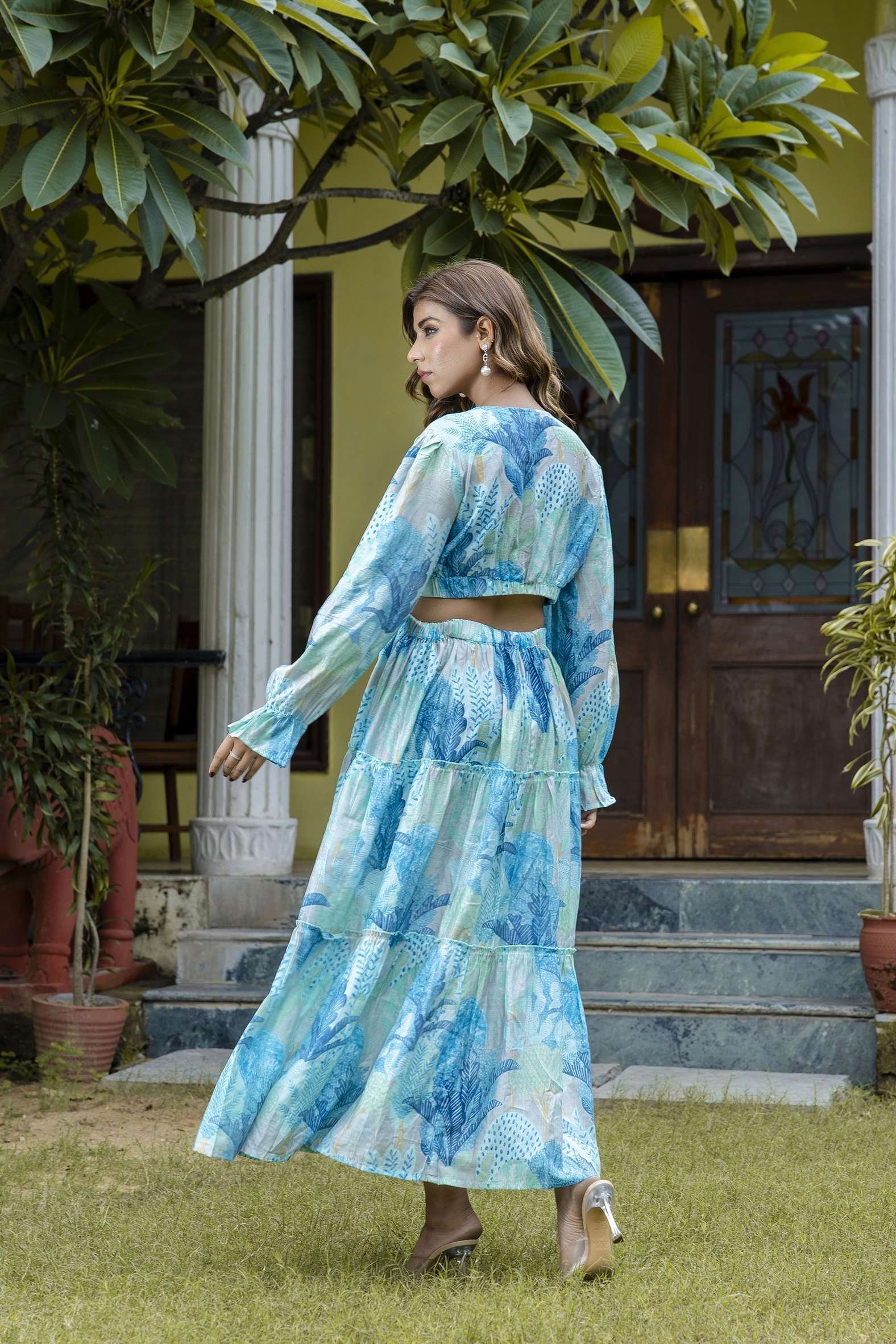 Women’s Silk Printed V-Neck Long Bell Sleeves Tiered Maxi Dress Gown