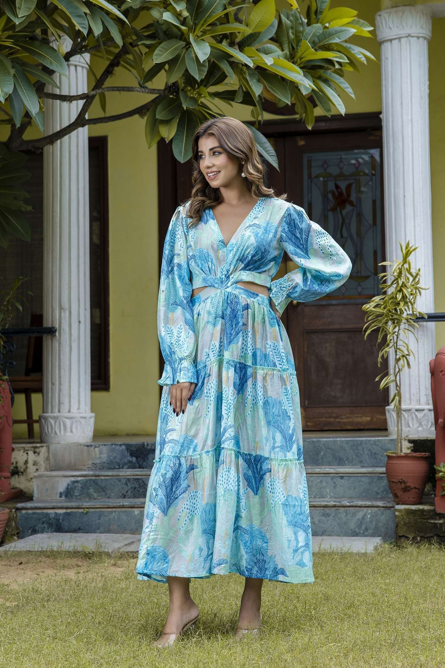 Women’s Silk Printed V-Neck Long Bell Sleeves Tiered Maxi Dress Gown