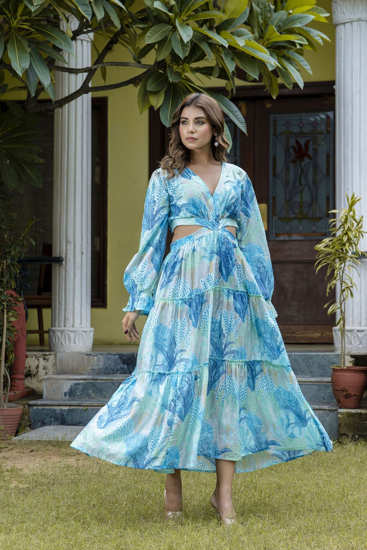 Women’s Silk Printed V-Neck Long Bell Sleeves Tiered Maxi Dress Gown