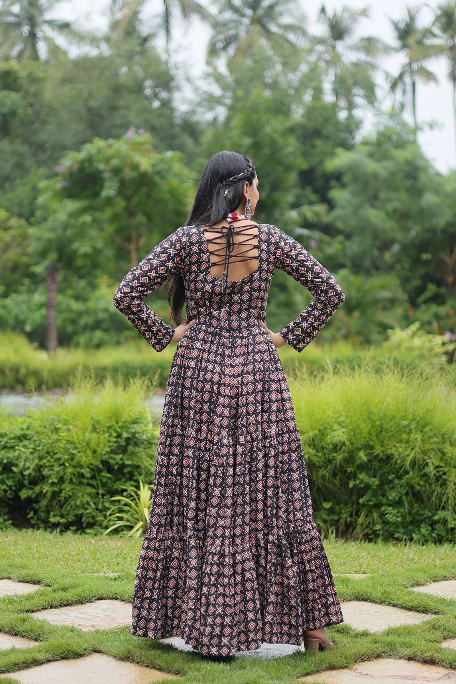 Black Designer Printed Cotton Gown with Kutchi Gamthi Lace & Kodi Work ? Maroon