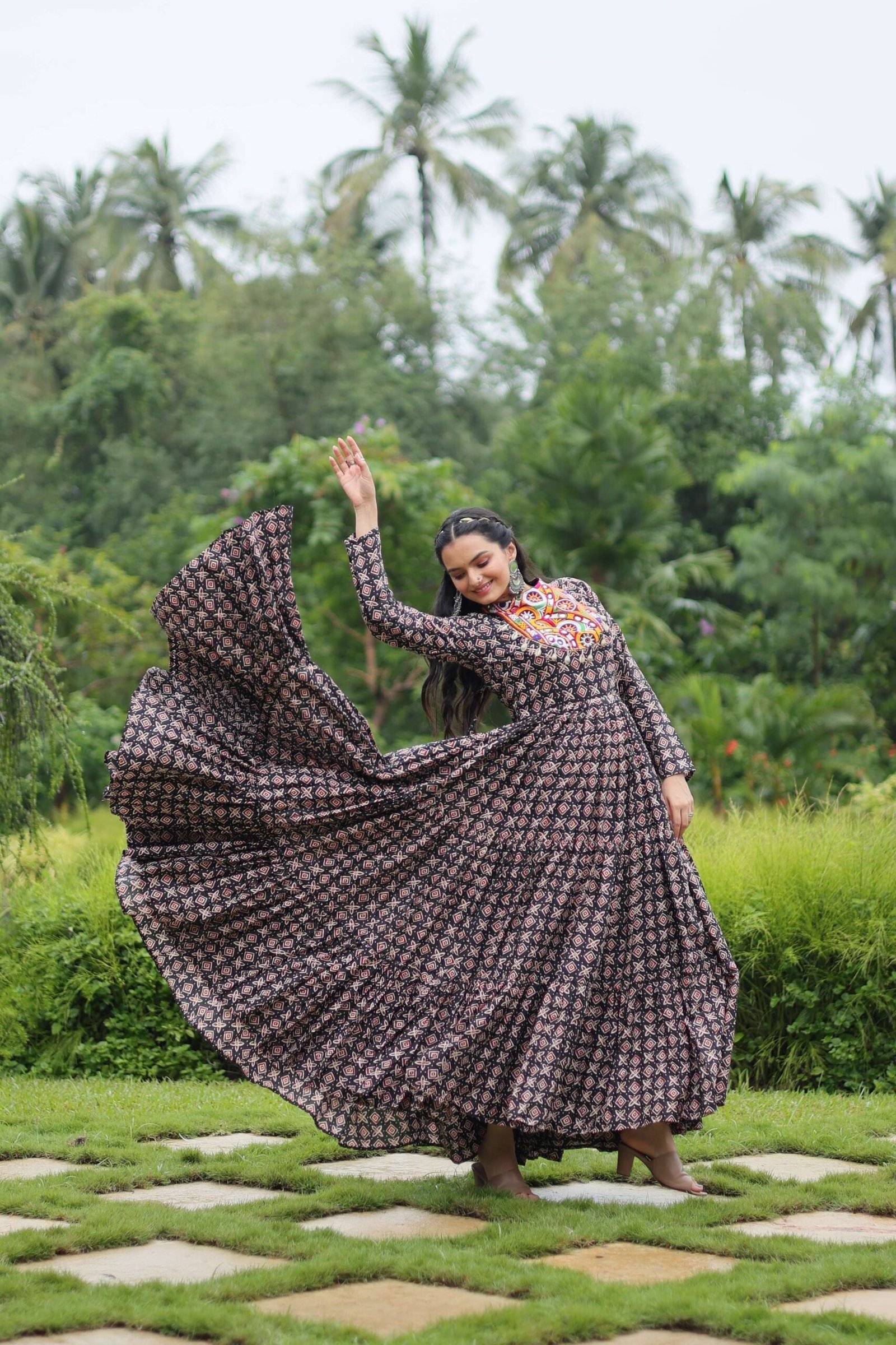 Black Designer Printed Cotton Gown with Kutchi Gamthi Lace & Kodi Work ? Maroon