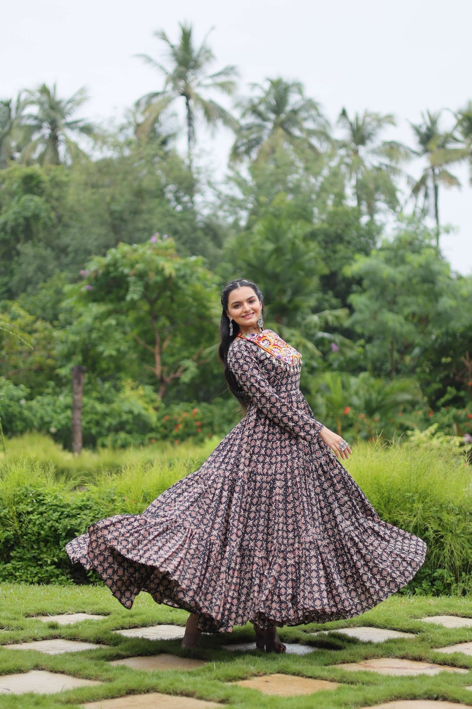 Black Designer Printed Cotton Gown with Kutchi Gamthi Lace & Kodi Work ? Maroon