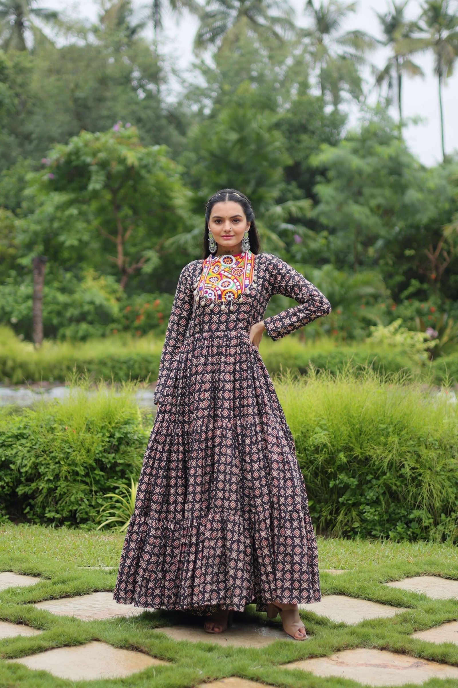 Black Designer Printed Cotton Gown with Kutchi Gamthi Lace & Kodi Work ? Maroon