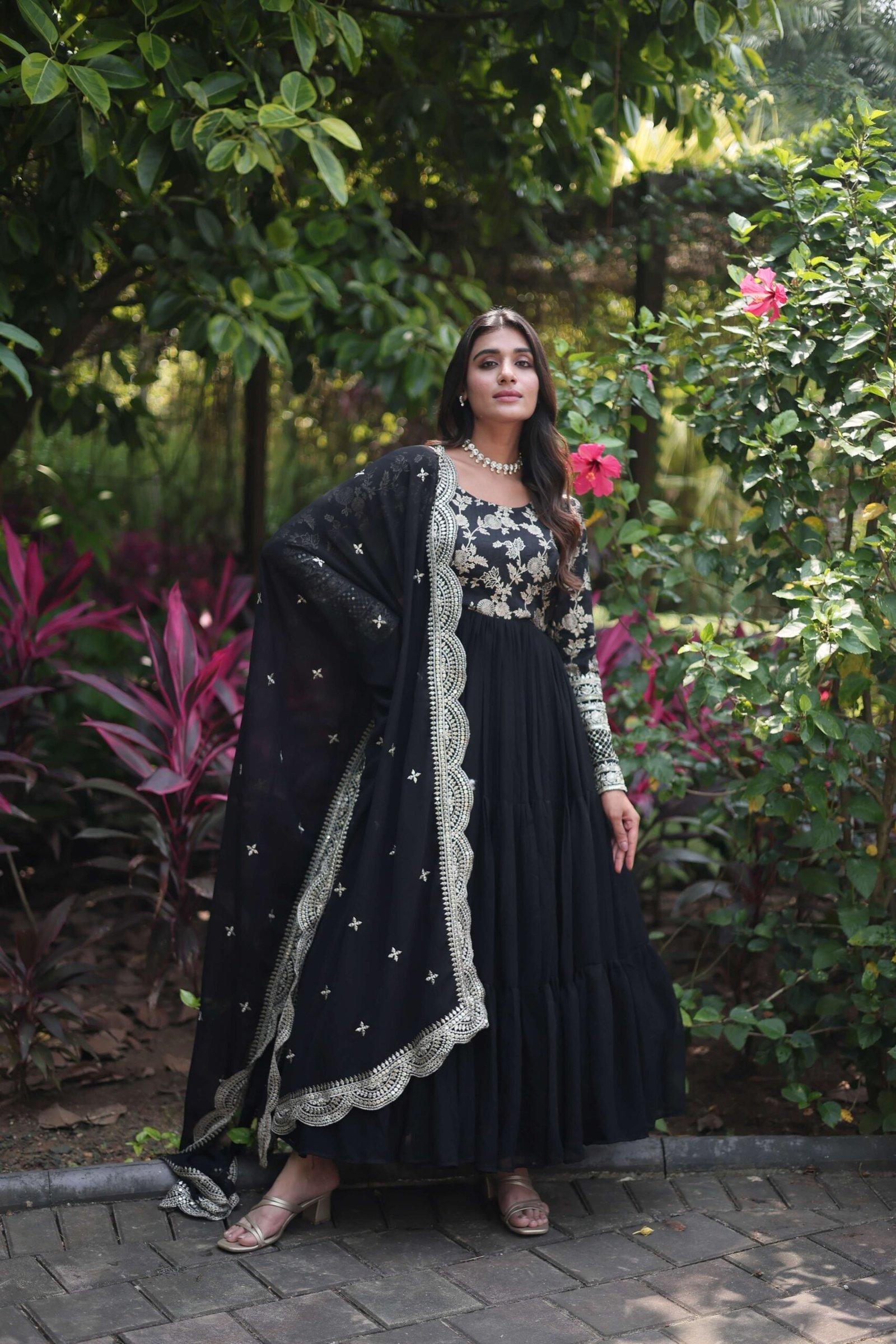 Black Faux Blooming Designer Gown with Sequined Dupatta ? Fully Flared Ready-to-Wear Set