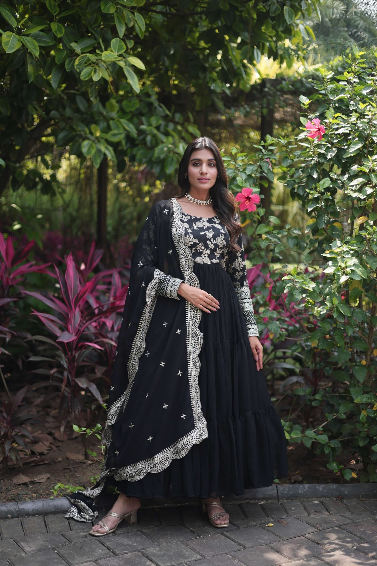 Black Faux Blooming Designer Gown with Sequined Dupatta ? Fully Flared Ready-to-Wear Set