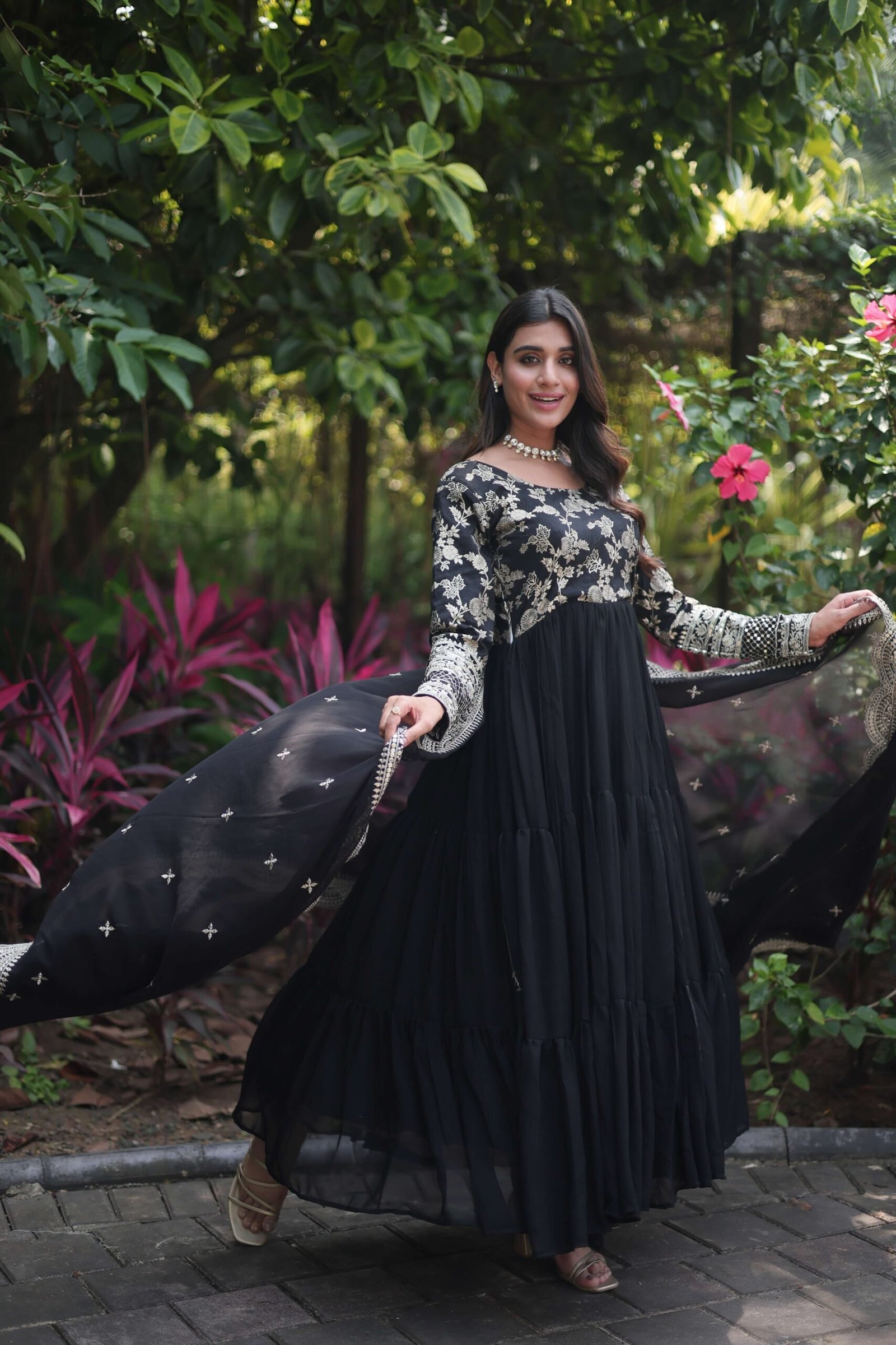 Black Faux Blooming Designer Gown with Sequined Dupatta ? Fully Flared Ready-to-Wear Set