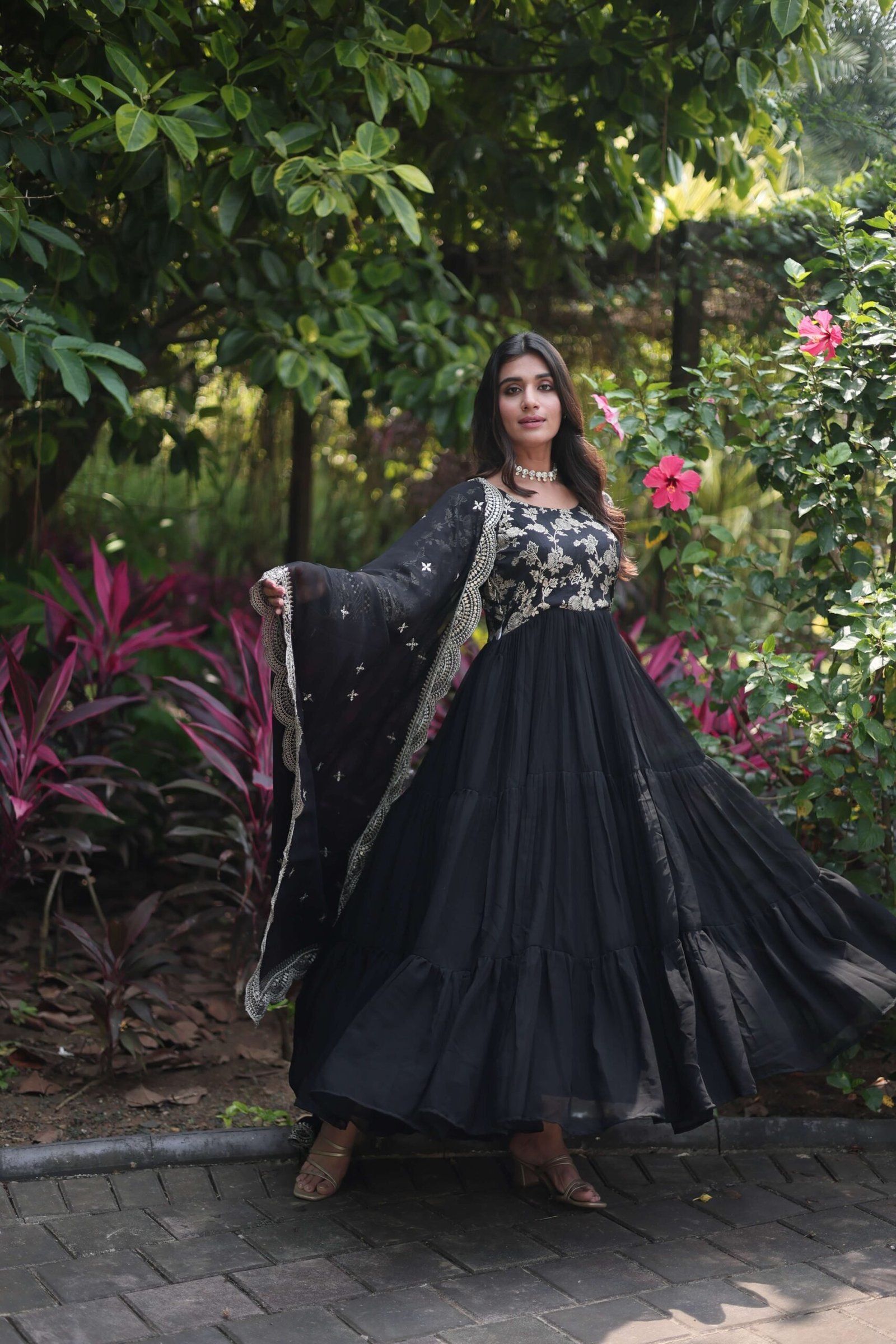 Black Faux Blooming Designer Gown with Sequined Dupatta ? Fully Flared Ready-to-Wear Set