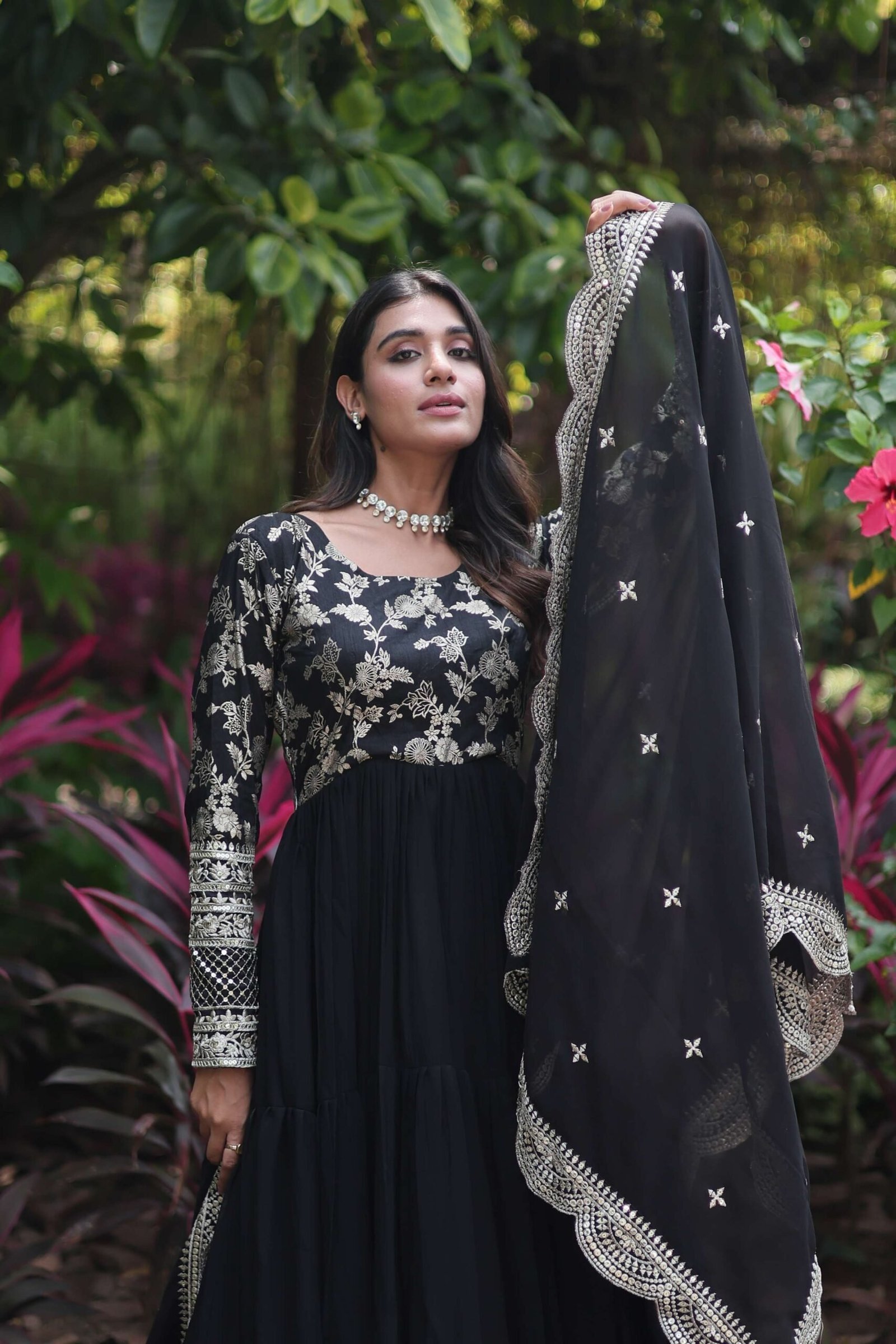 Black Faux Blooming Designer Gown with Sequined Dupatta ? Fully Flared Ready-to-Wear Set