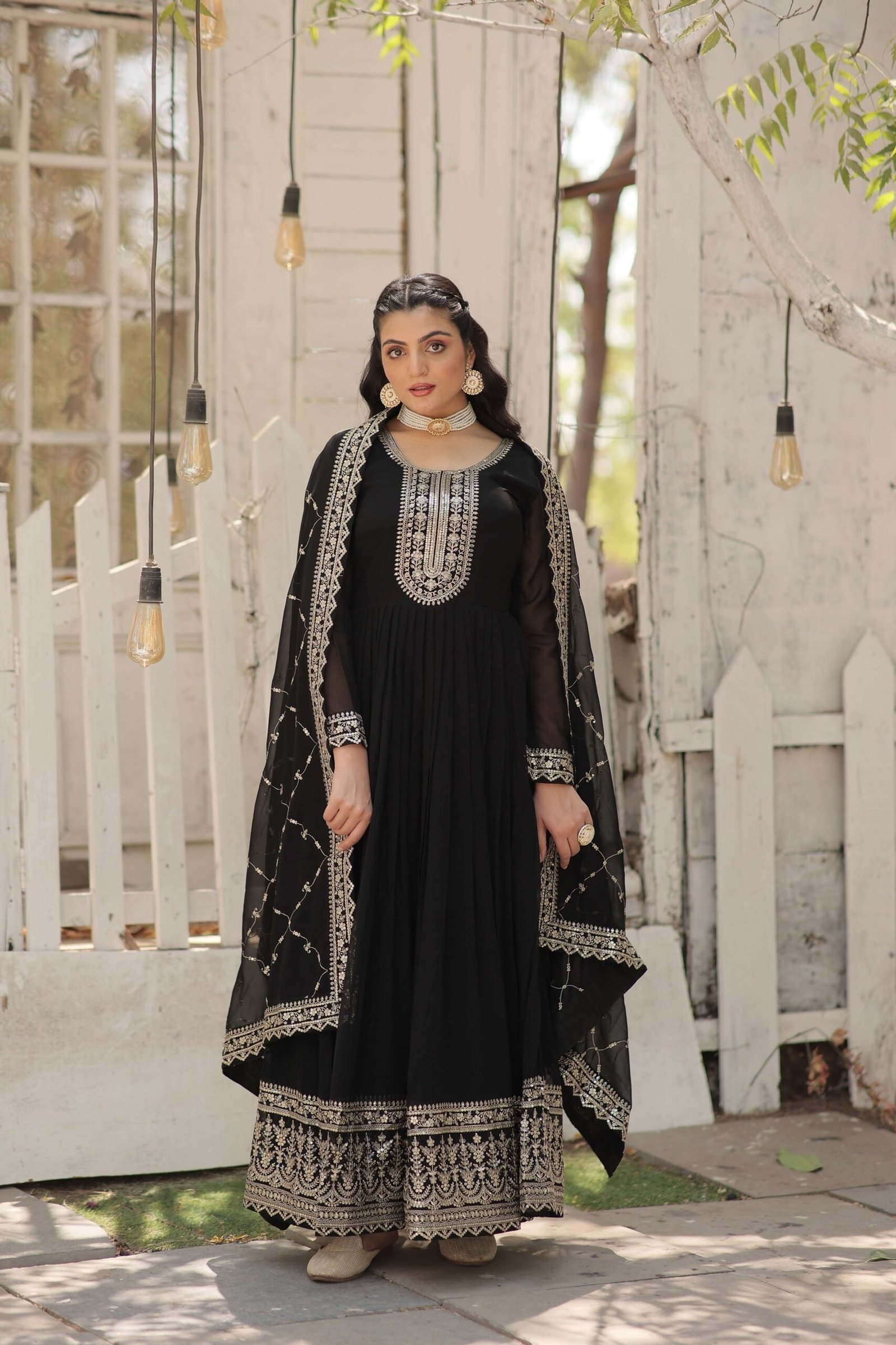 Black Faux Blooming Sequins Embroidered Gown with Matching Dupatta ? Festive & Party Wear 2024