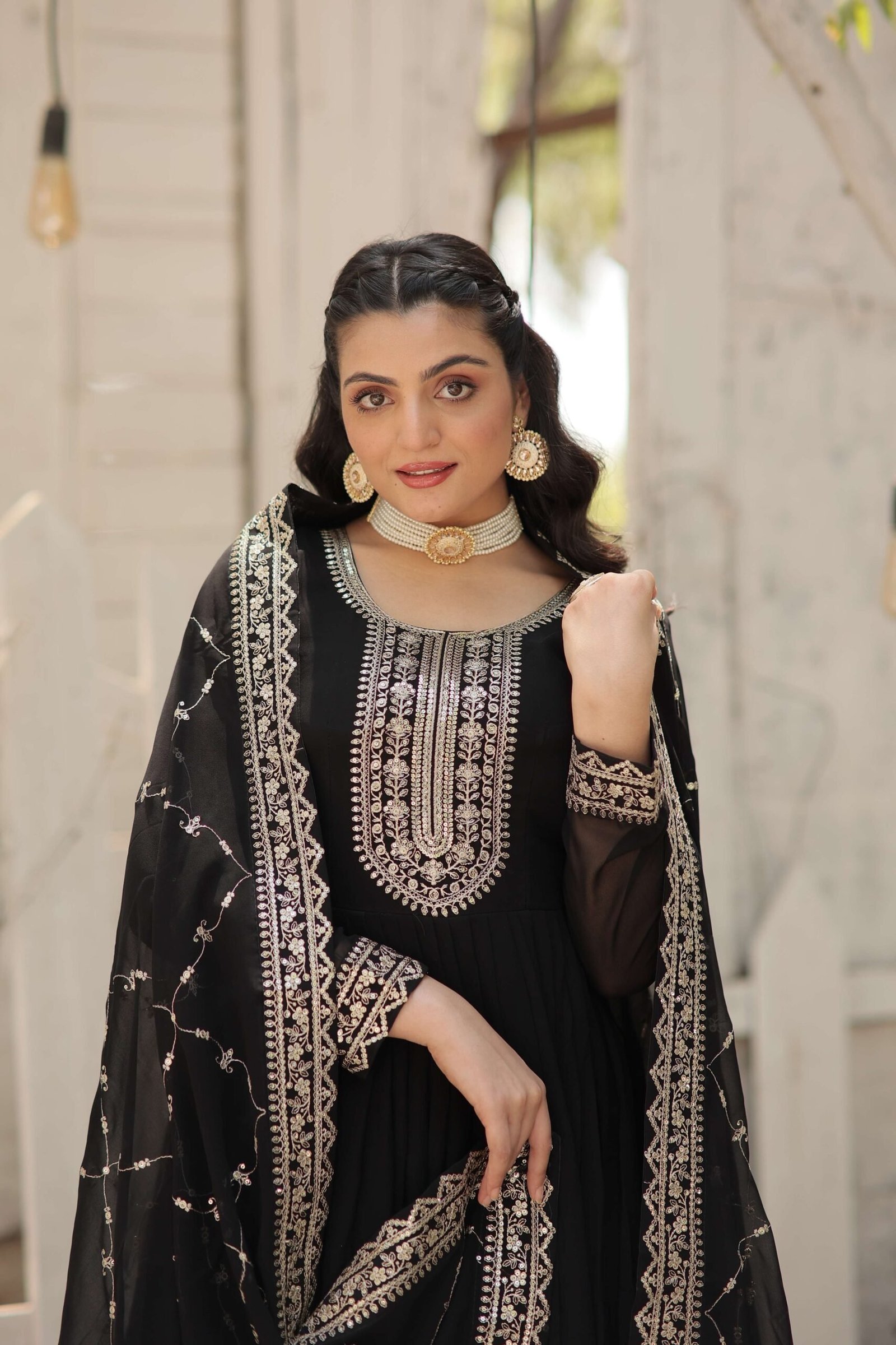 Black Faux Blooming Sequins Embroidered Gown with Matching Dupatta ? Festive & Party Wear 2024