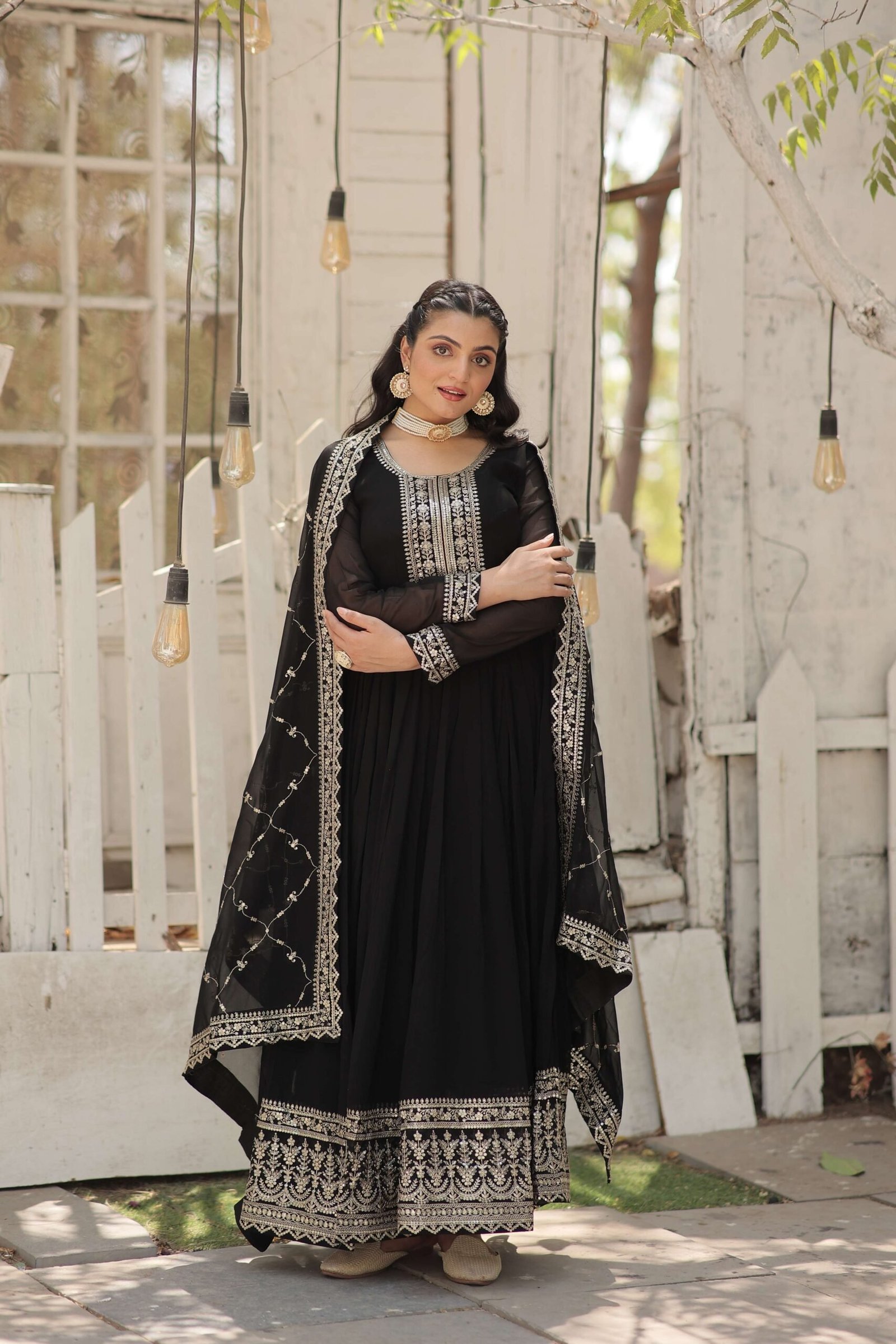 Black Faux Blooming Sequins Embroidered Gown with Matching Dupatta ? Festive & Party Wear 2024