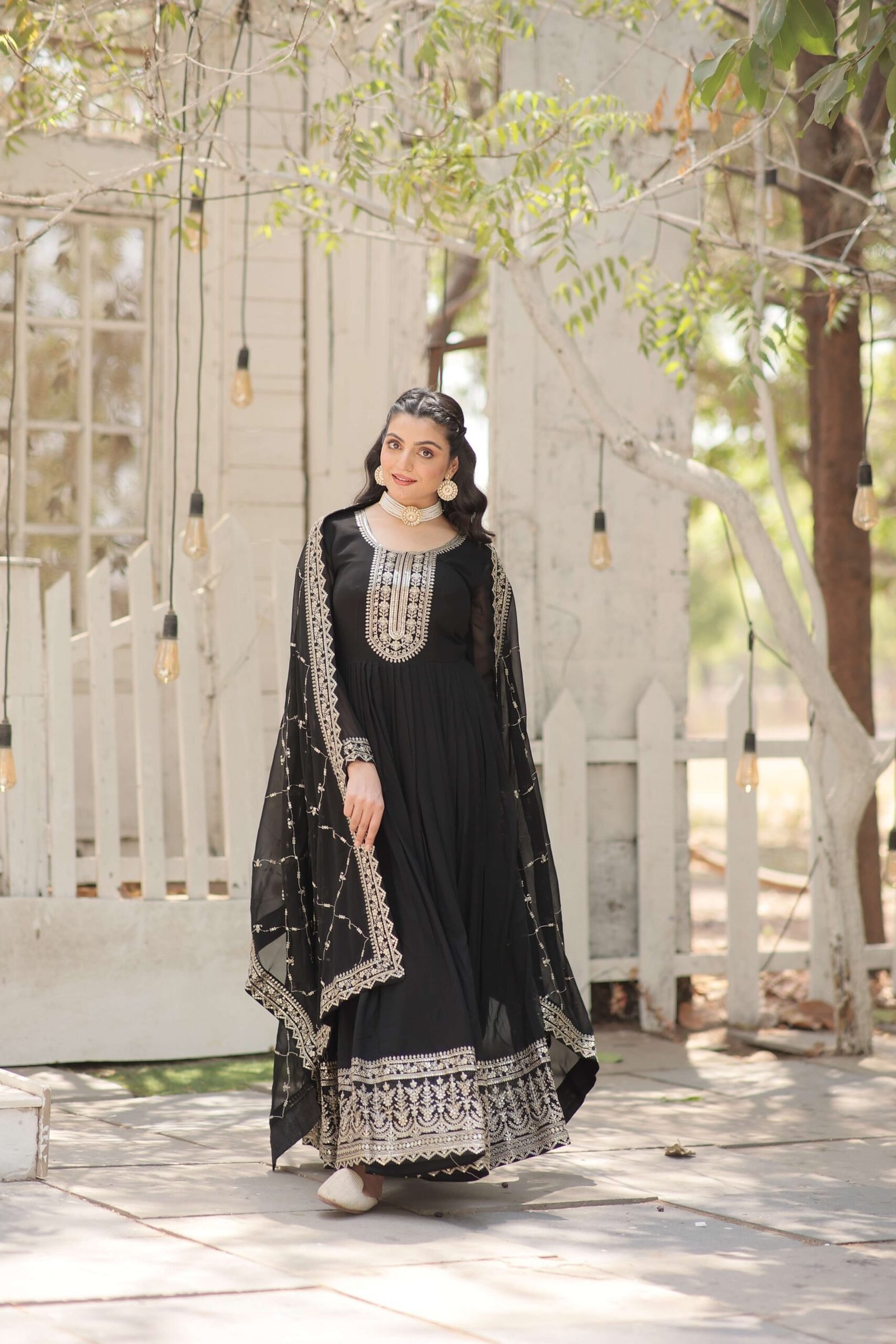Black Faux Blooming Sequins Embroidered Gown with Matching Dupatta ? Festive & Party Wear 2024