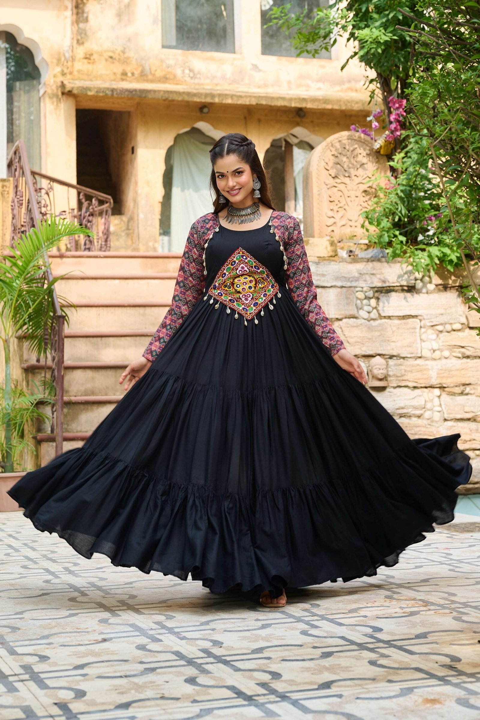 Black Navratri Special 14 Kg Reyon Designer Gown with Kutchi Gamthi & Cotton Print Work