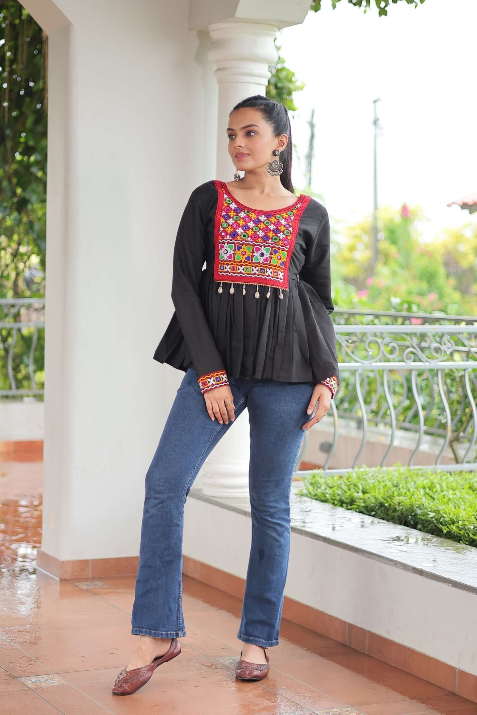 Black Navratri Special Black Peplum Top in Roman Fabric with Kutchi Gamthi Work ? Festive Ethnic Wear