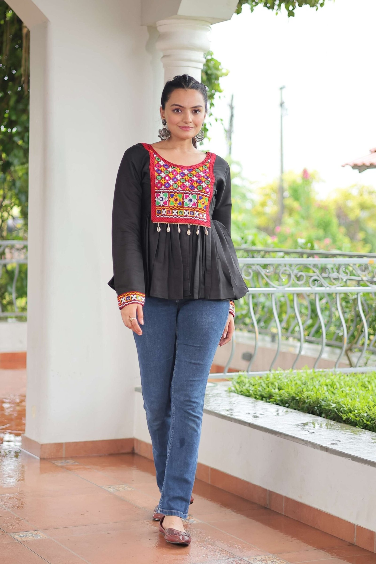 Black Navratri Special Black Peplum Top in Roman Fabric with Kutchi Gamthi Work ? Festive Ethnic Wear