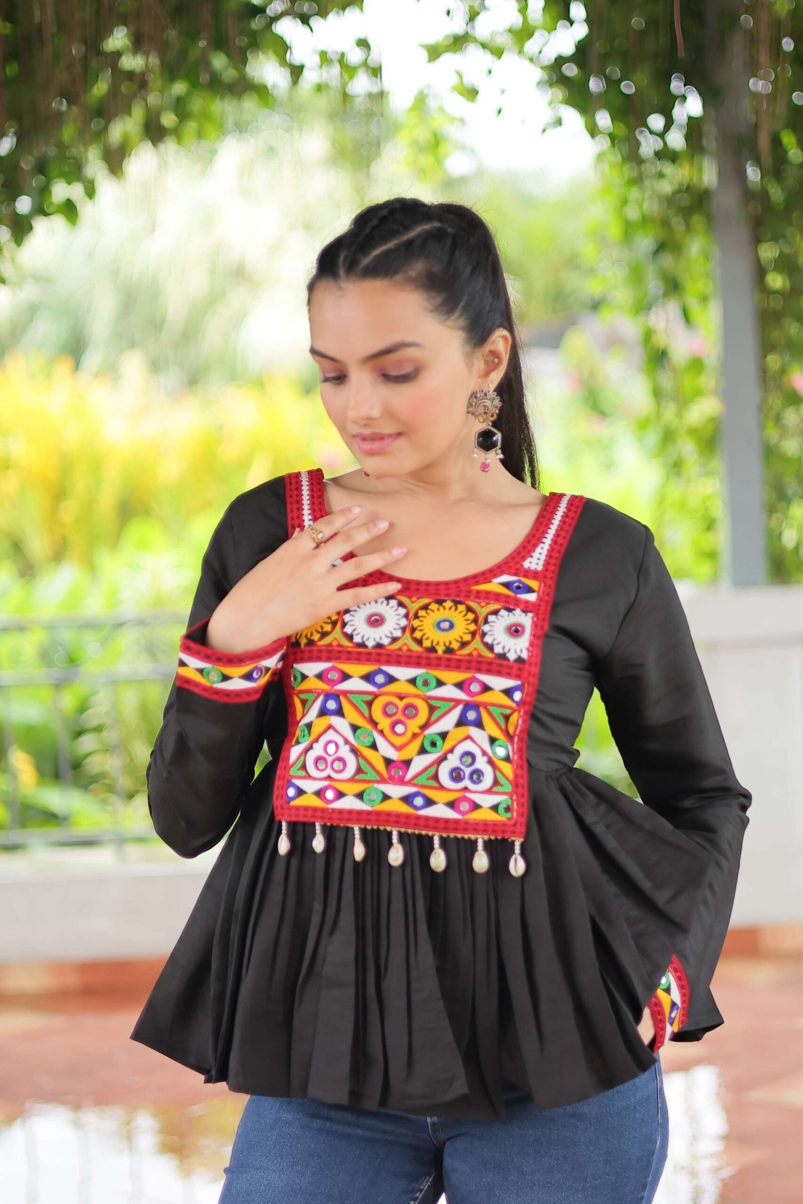 Black Navratri Special Black Peplum Top in Roman Fabric with Kutchi Gamthi Work ? Festive Ethnic Wear