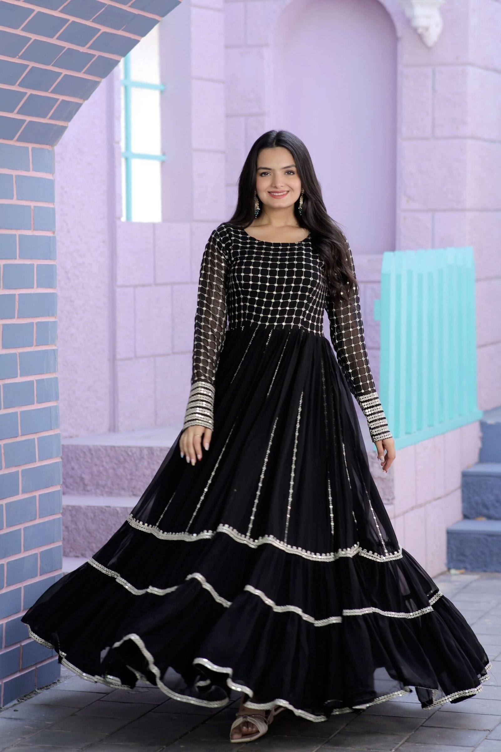 Black Premium Faux Blooming Designer Gown with Sequins & Zari Embroidery ? Elegant Ready-to-Wear Dress