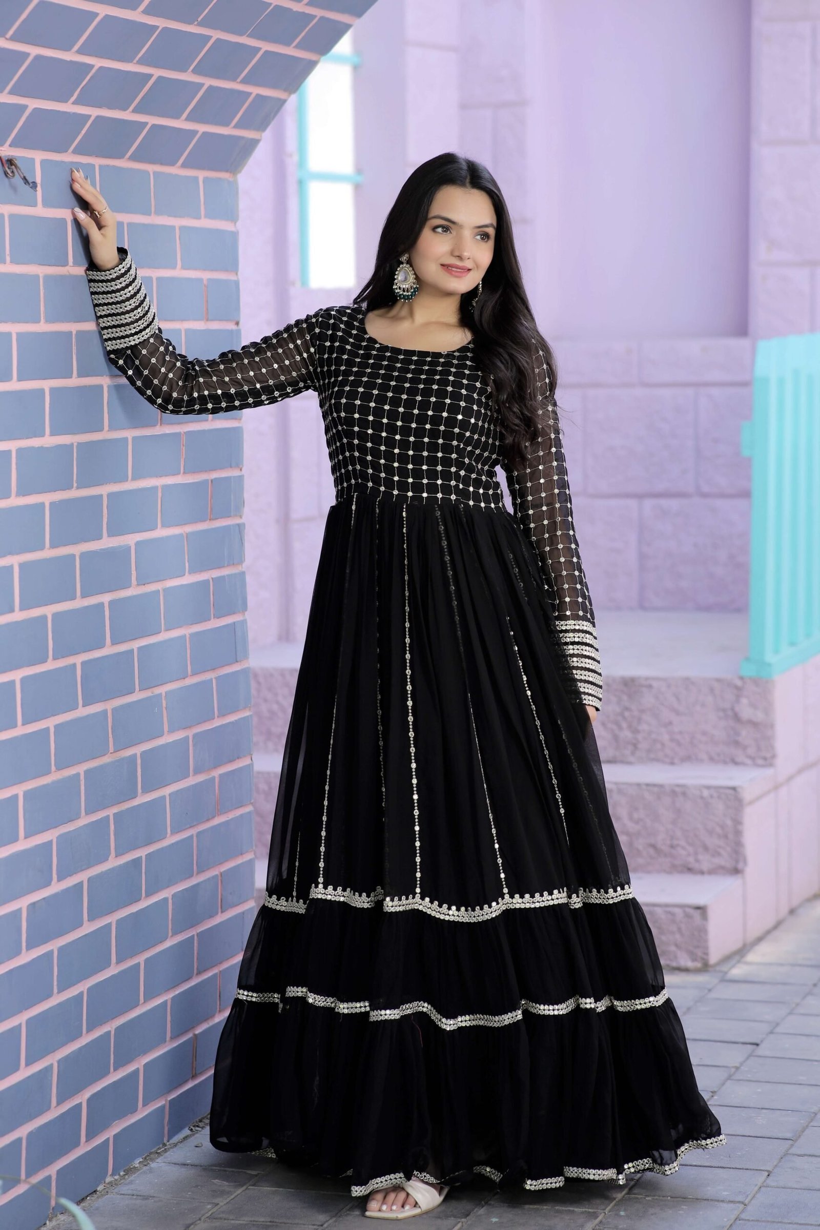 Black Premium Faux Blooming Designer Gown with Sequins & Zari Embroidery ? Elegant Ready-to-Wear Dress