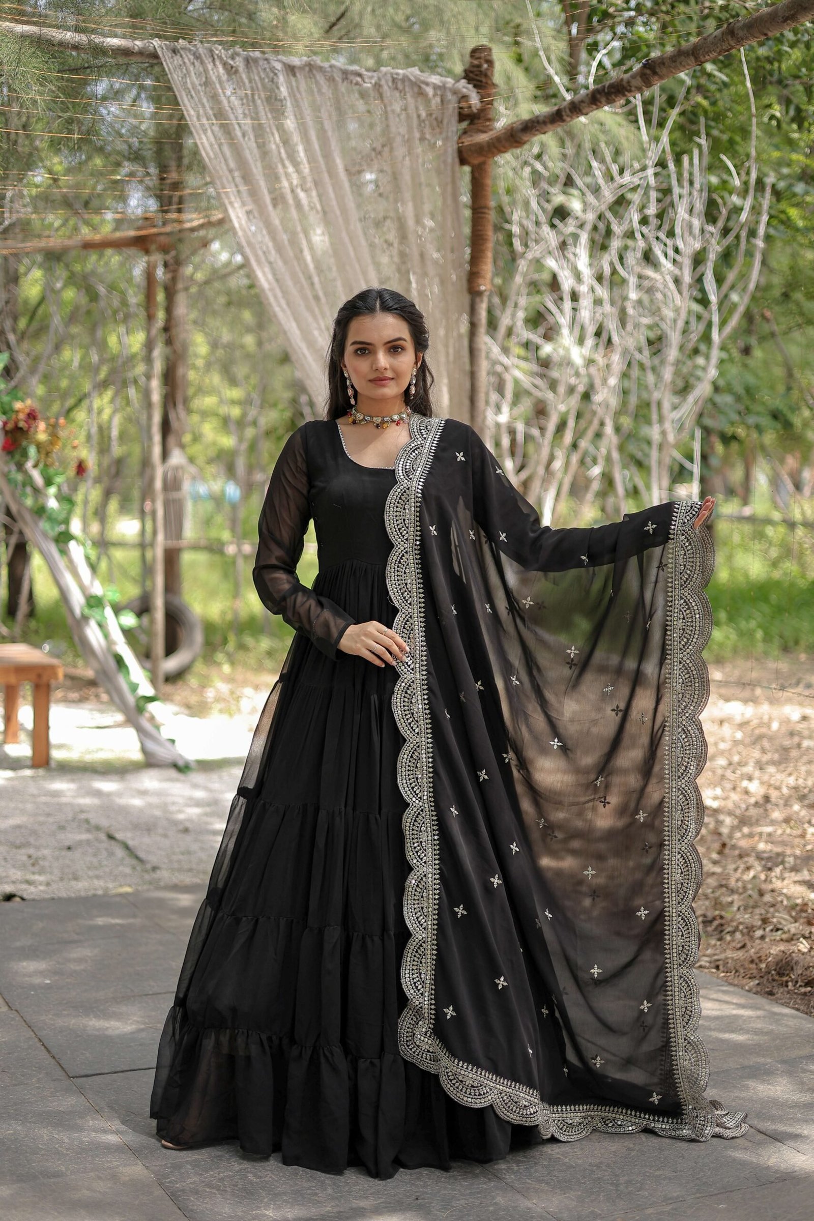 Black Premium Faux Georgette Designer Gown with Sequined Dupatta ? Fully Flaired Ready-to-Wear Set