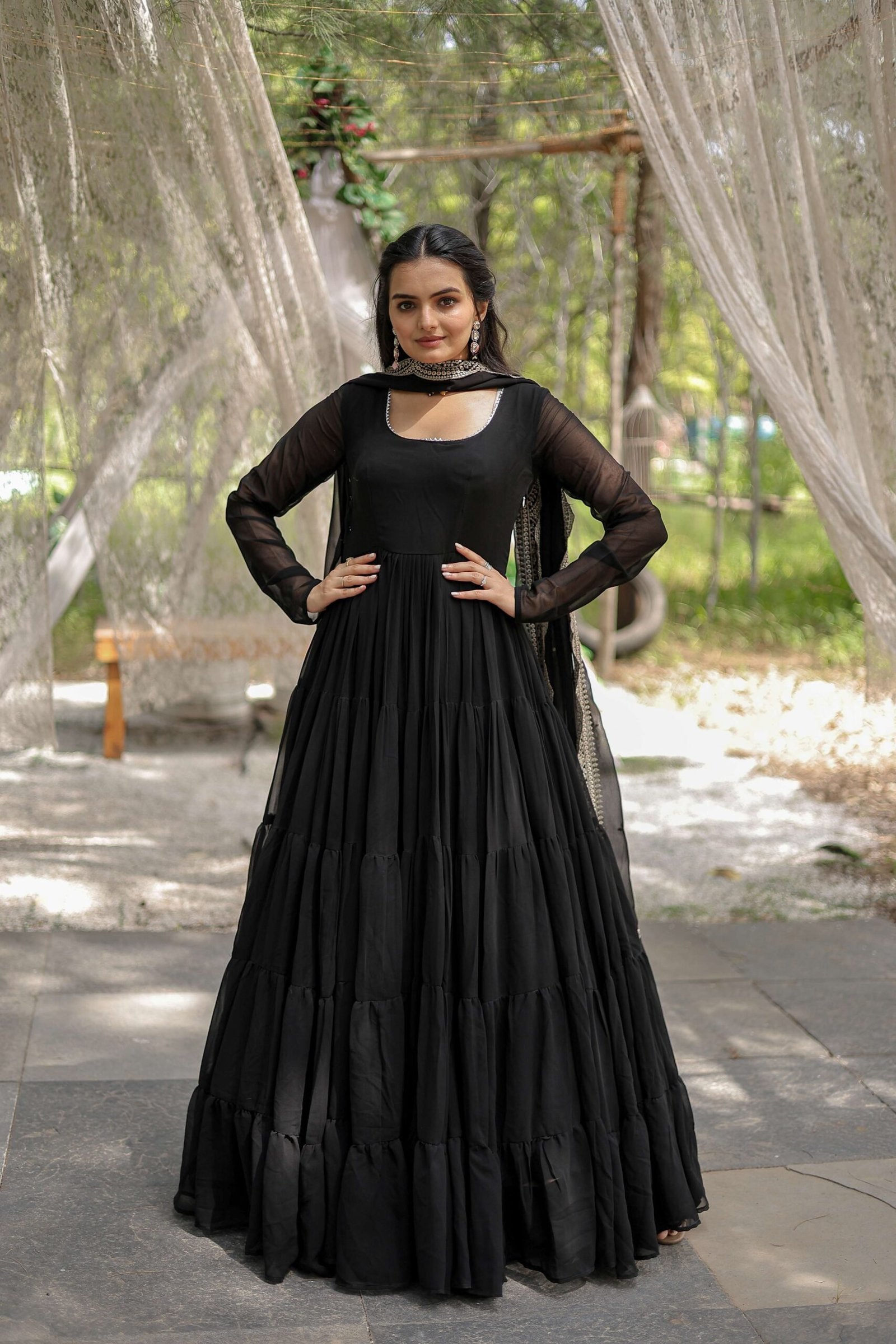 Black Premium Faux Georgette Designer Gown with Sequined Dupatta ? Fully Flaired Ready-to-Wear Set