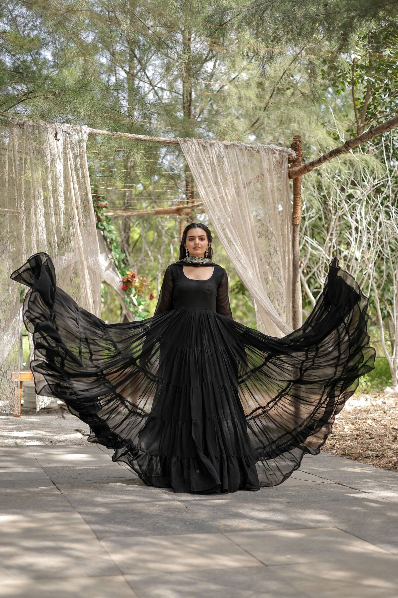 Black Premium Faux Georgette Designer Gown with Sequined Dupatta ? Fully Flaired Ready-to-Wear Set