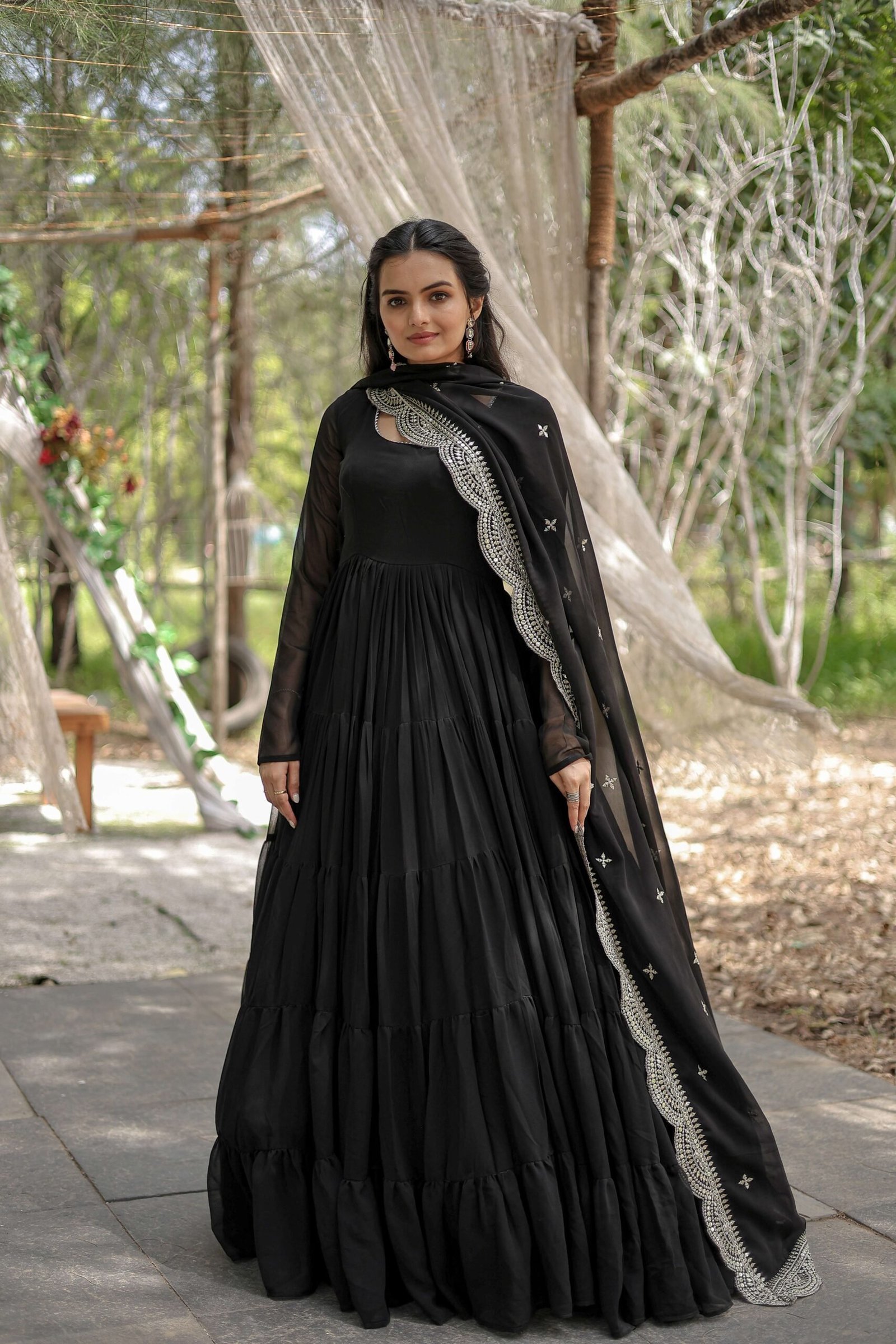 Black Premium Faux Georgette Designer Gown with Sequined Dupatta ? Fully Flaired Ready-to-Wear Set