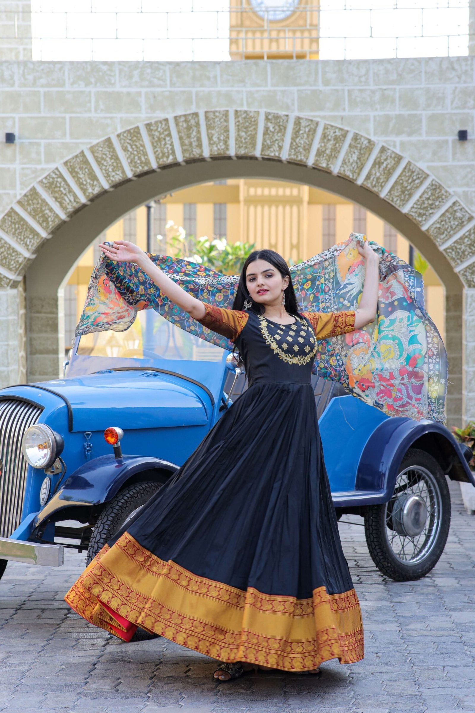 Black Premium Silk Designer Gown with Jequard Weaving & Embroidered Dupatta ? Ready-to-Wear Set