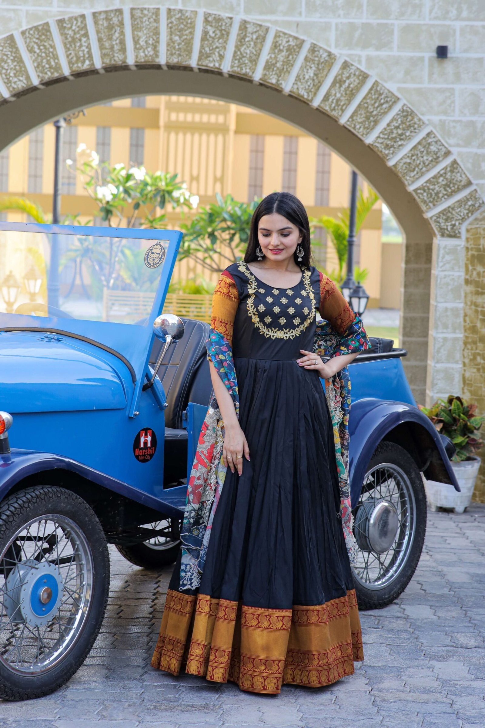 Black Premium Silk Designer Gown with Jequard Weaving & Embroidered Dupatta ? Ready-to-Wear Set