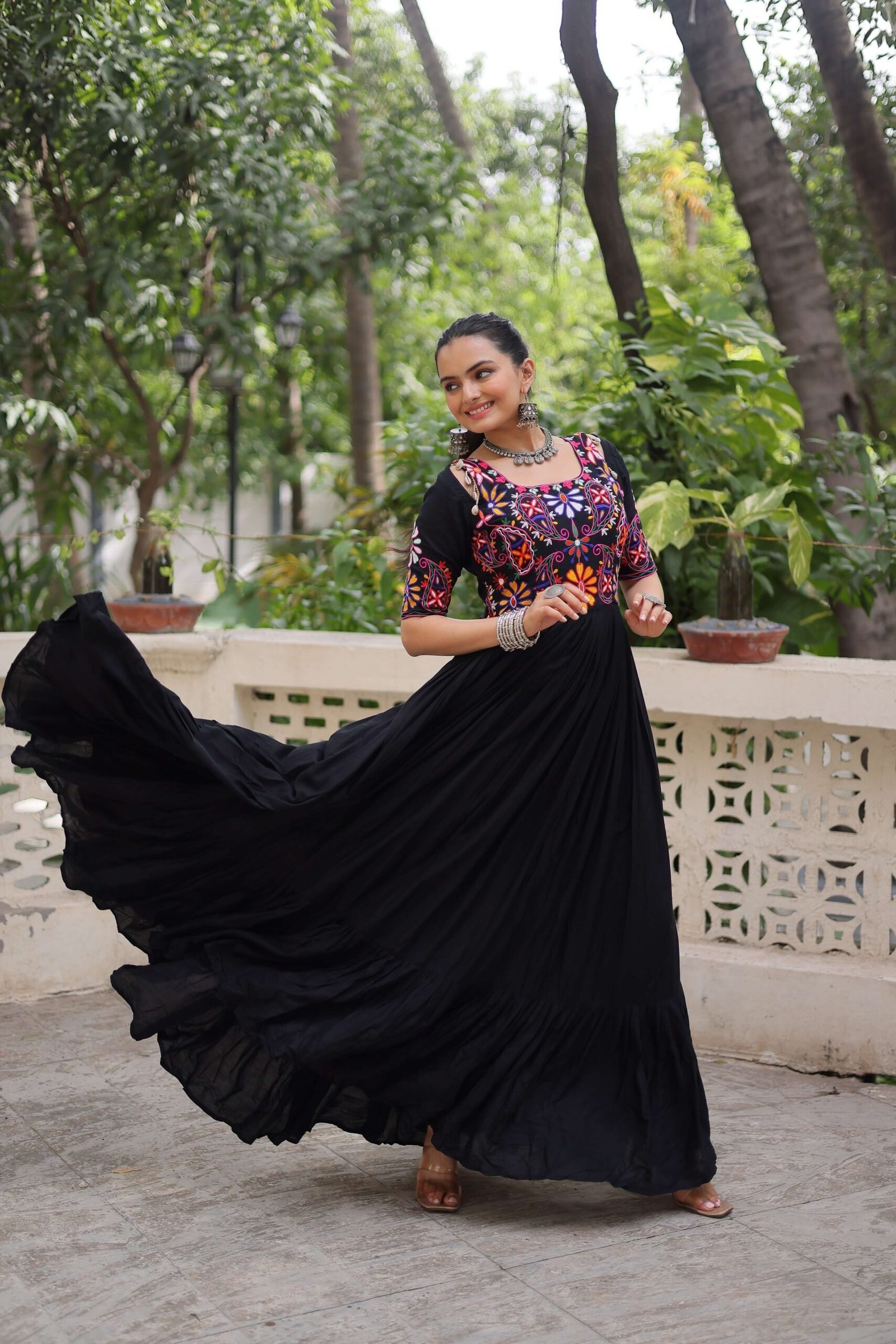 Black Reyon Navratri Gown with Kutchi Gamthi Embroidery & Gathering Frill ? Elegant Ethnic Wear for Women