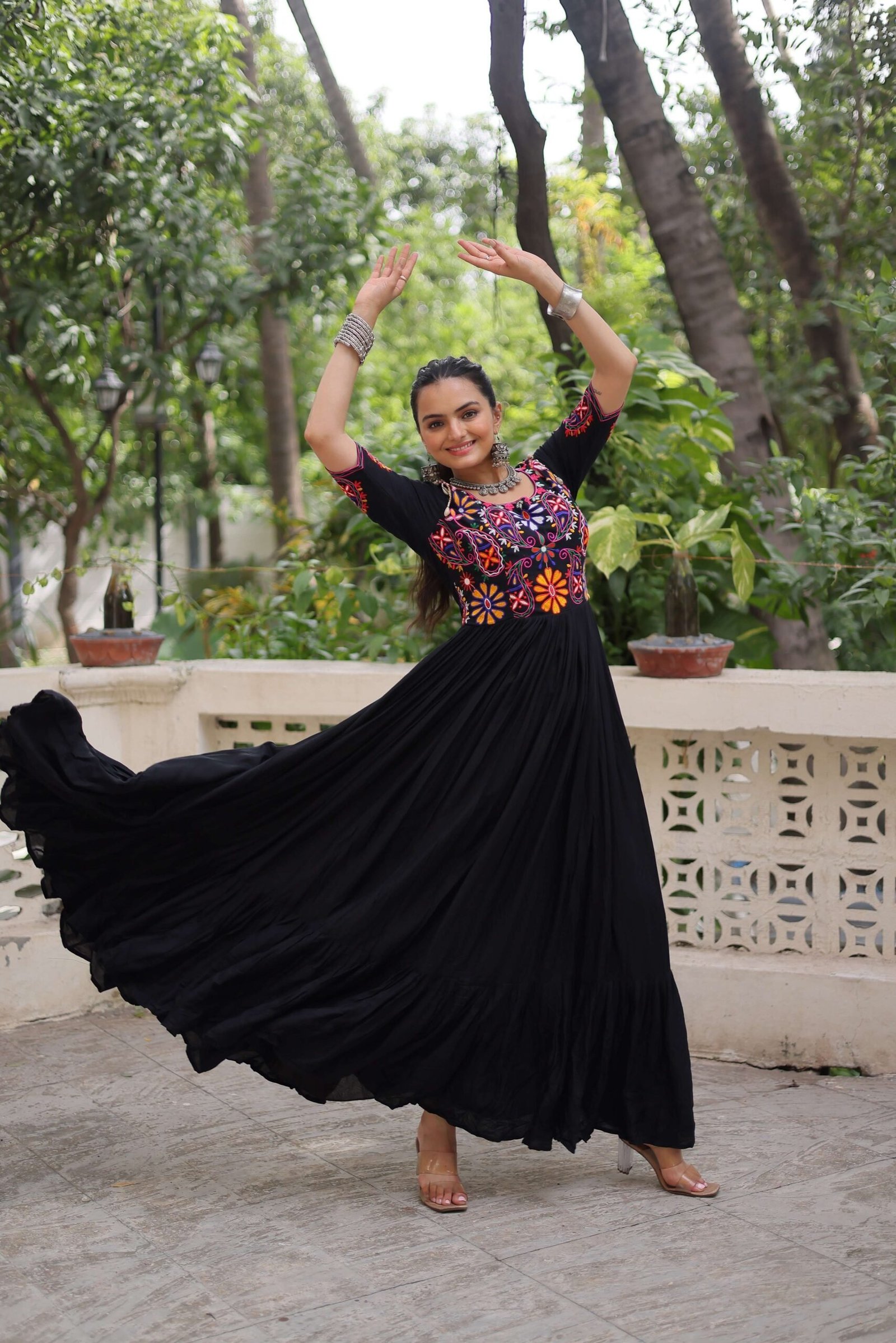 Black Reyon Navratri Gown with Kutchi Gamthi Embroidery & Gathering Frill ? Elegant Ethnic Wear for Women