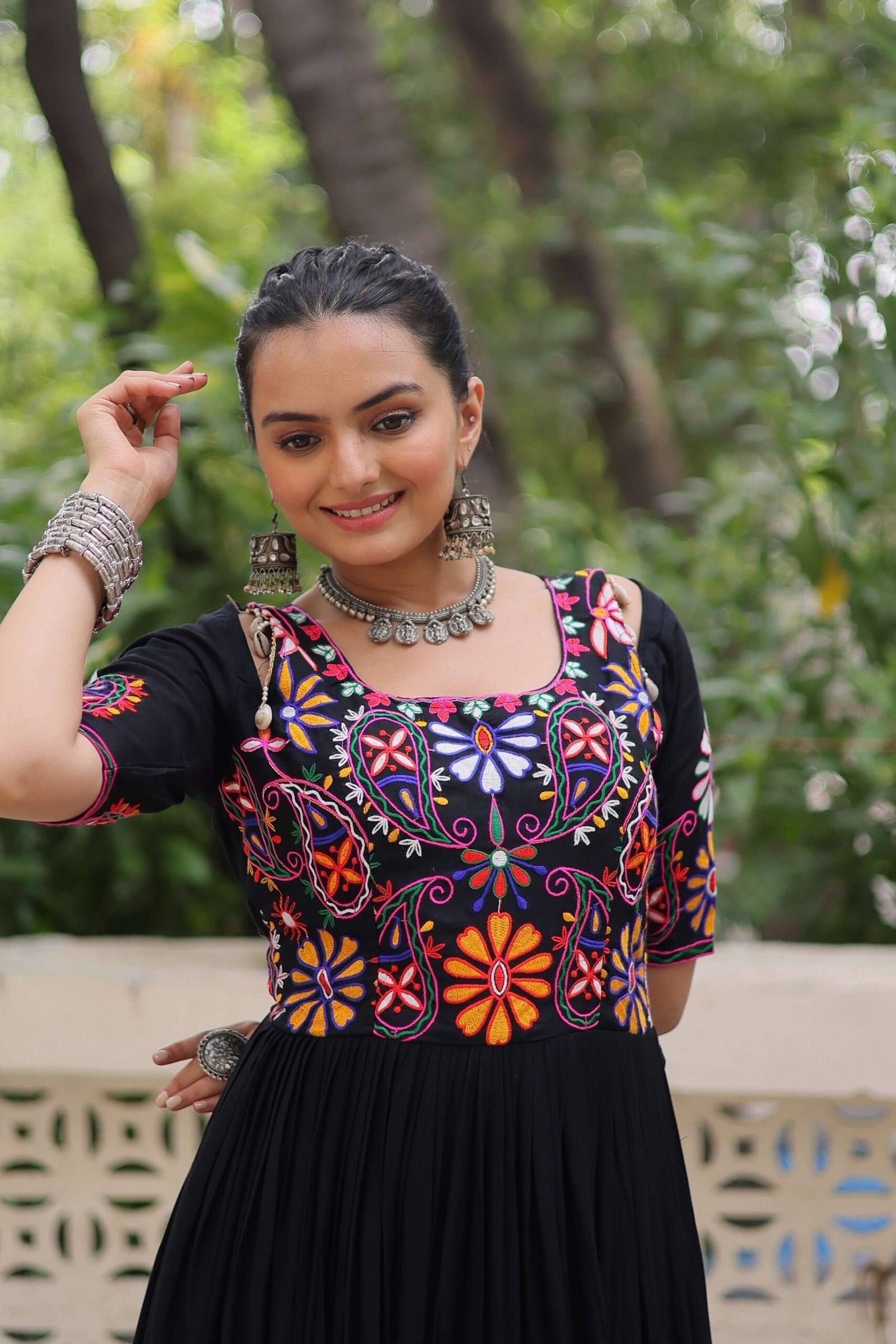 Black Reyon Navratri Gown with Kutchi Gamthi Embroidery & Gathering Frill ? Elegant Ethnic Wear for Women