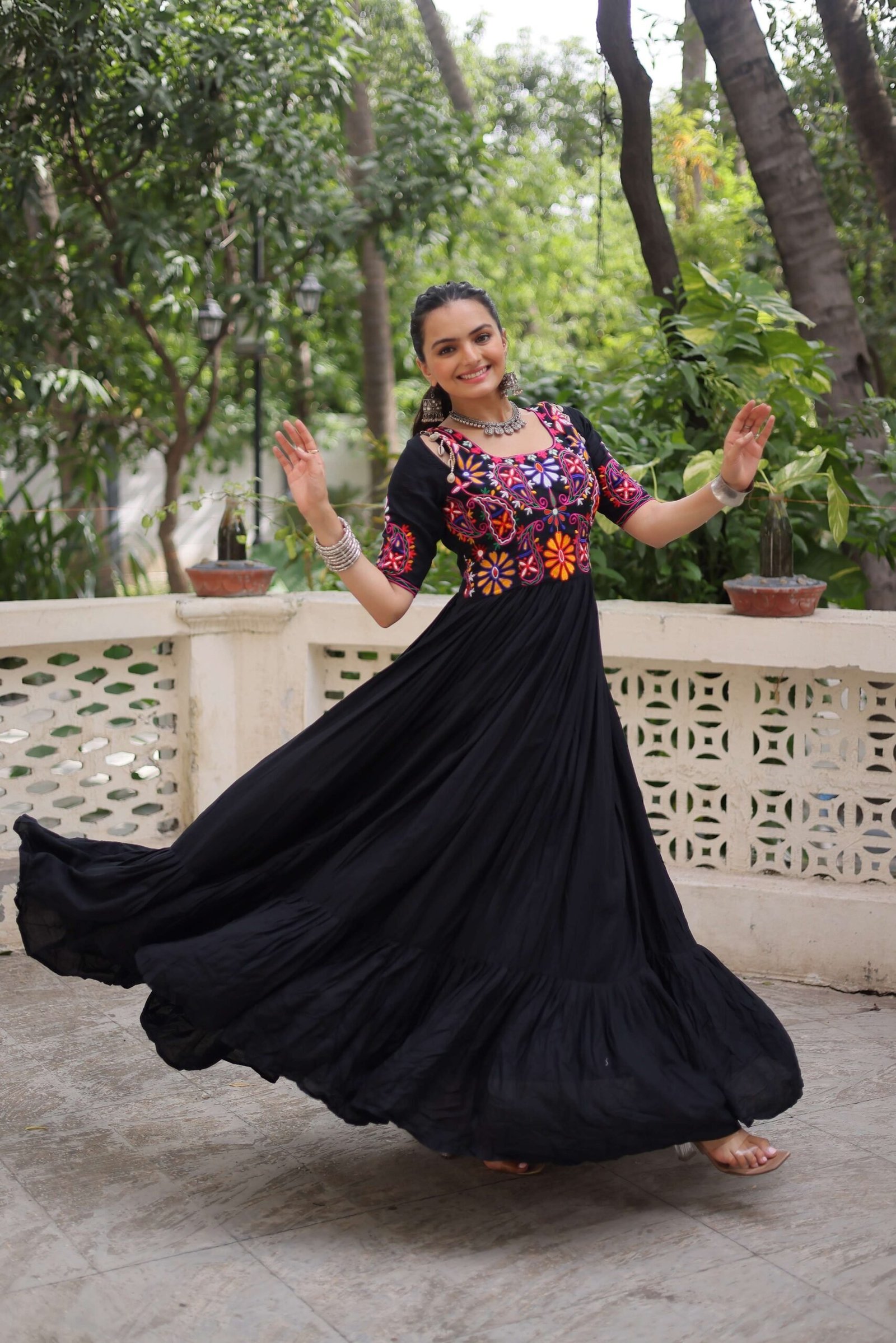Black Reyon Navratri Gown with Kutchi Gamthi Embroidery & Gathering Frill ? Elegant Ethnic Wear for Women