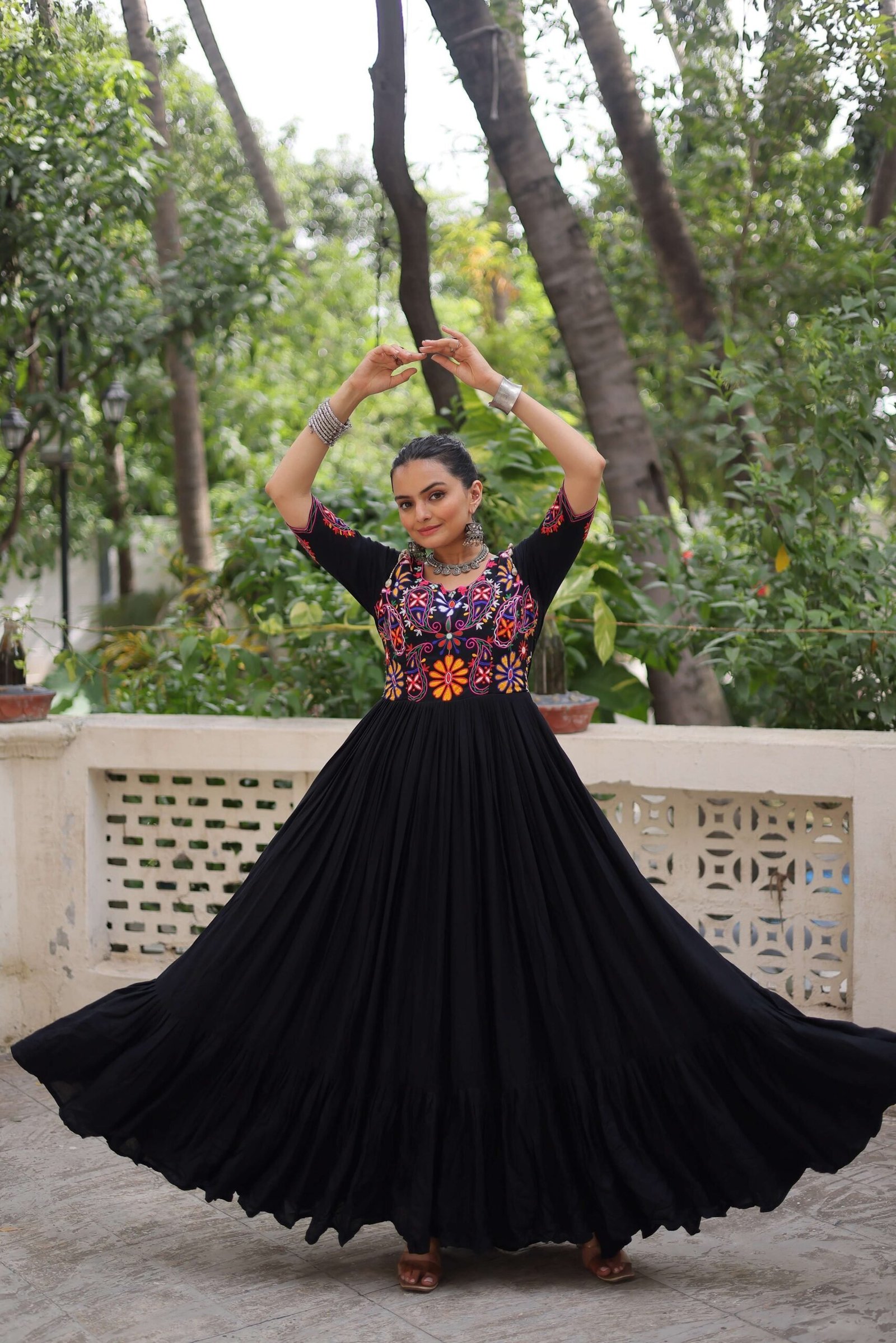 Black Reyon Navratri Gown with Kutchi Gamthi Embroidery & Gathering Frill ? Elegant Ethnic Wear for Women