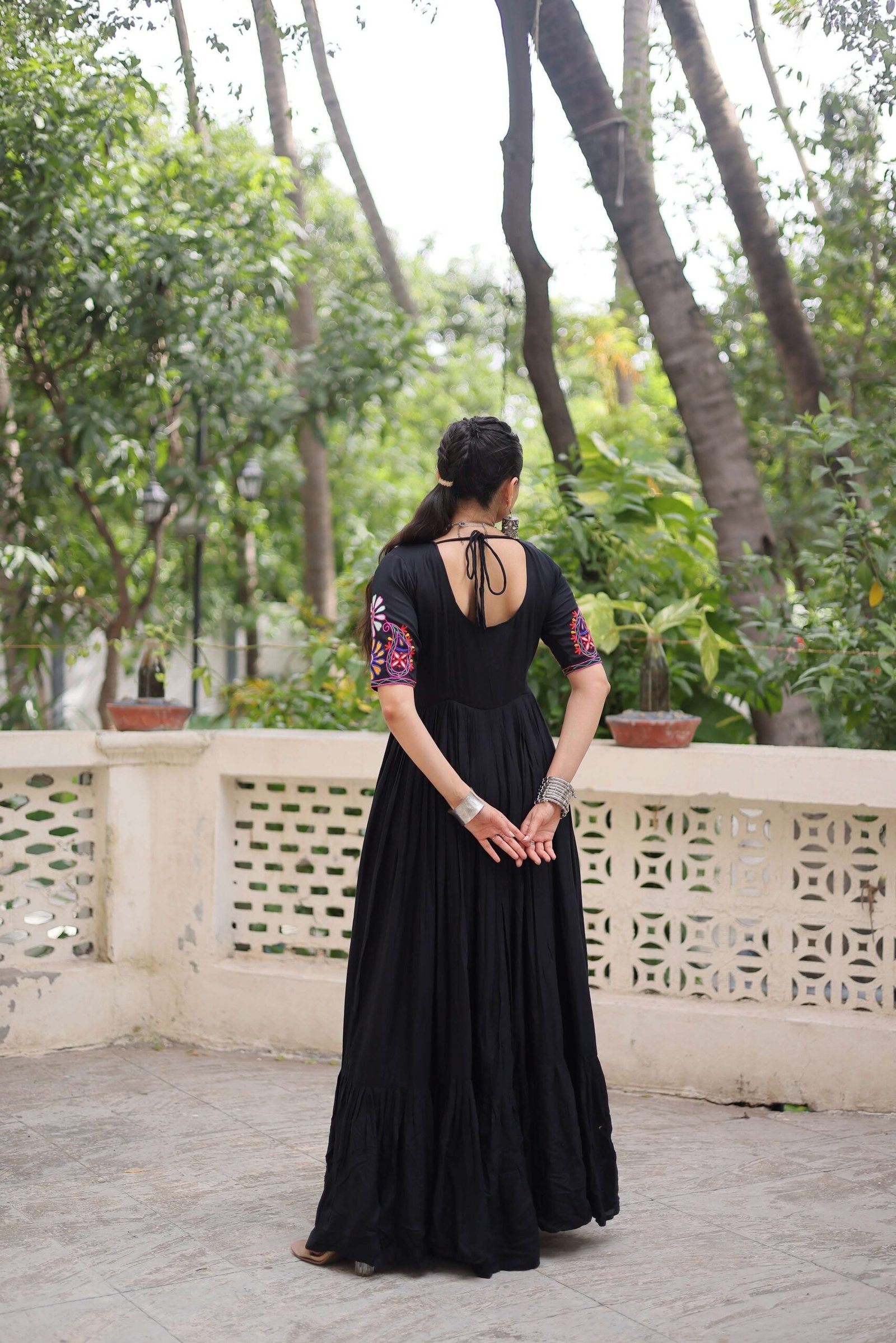 Black Reyon Navratri Gown with Kutchi Gamthi Embroidery & Gathering Frill ? Elegant Ethnic Wear for Women