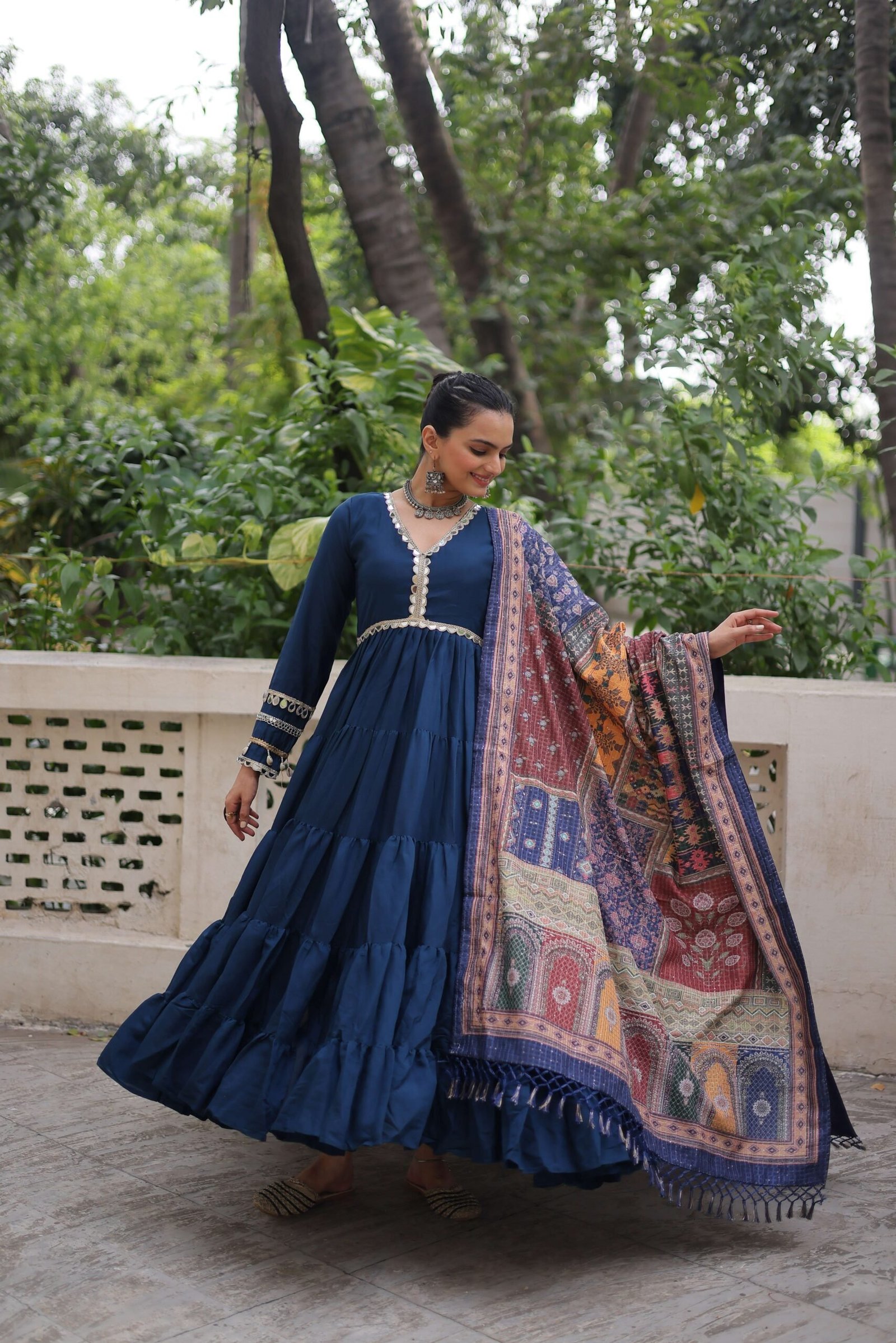 Blue Gown with Dupatta ? Frill Stitching & Mirror Lace Work Ethnic Set for Women