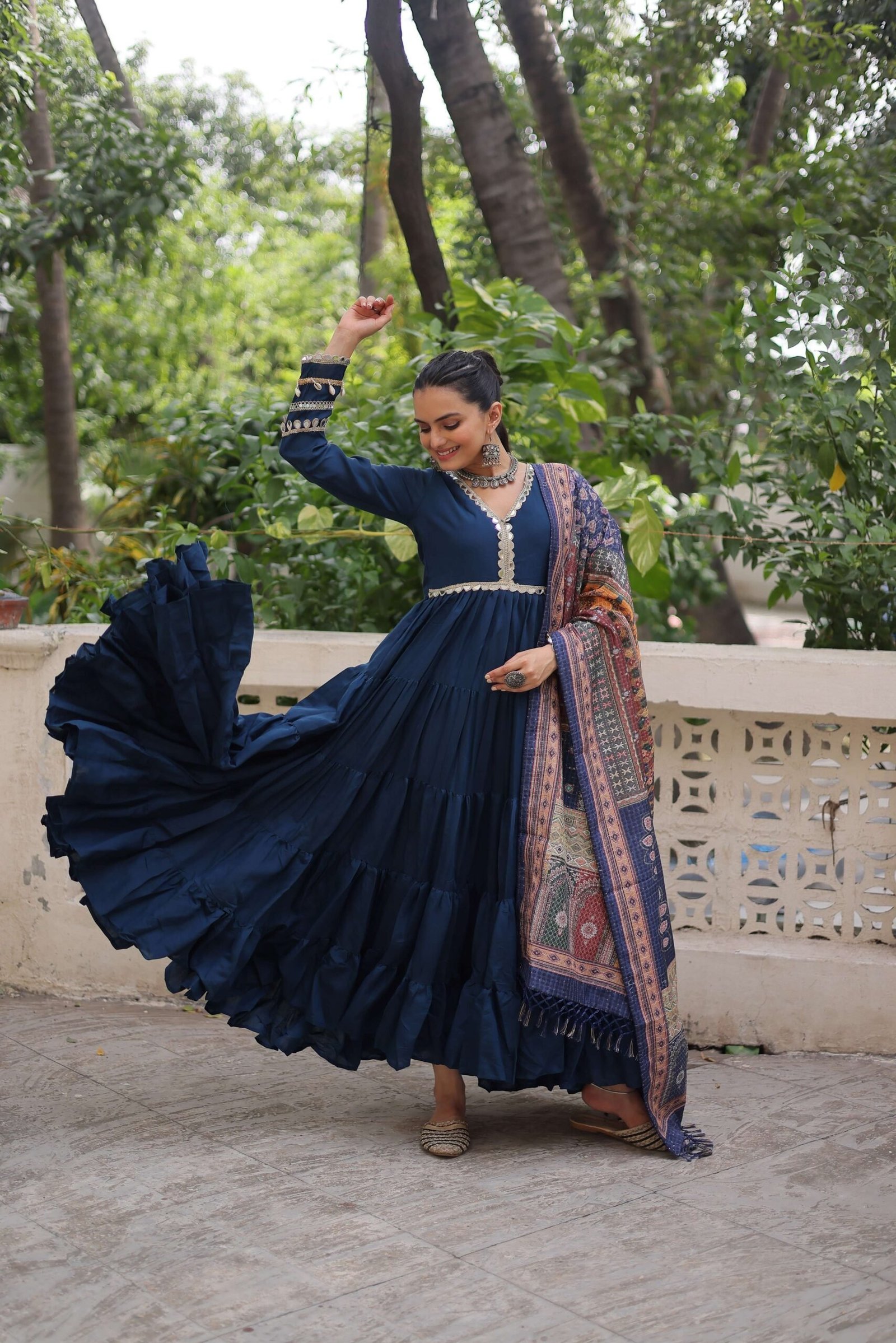 Blue Gown with Dupatta ? Frill Stitching & Mirror Lace Work Ethnic Set for Women