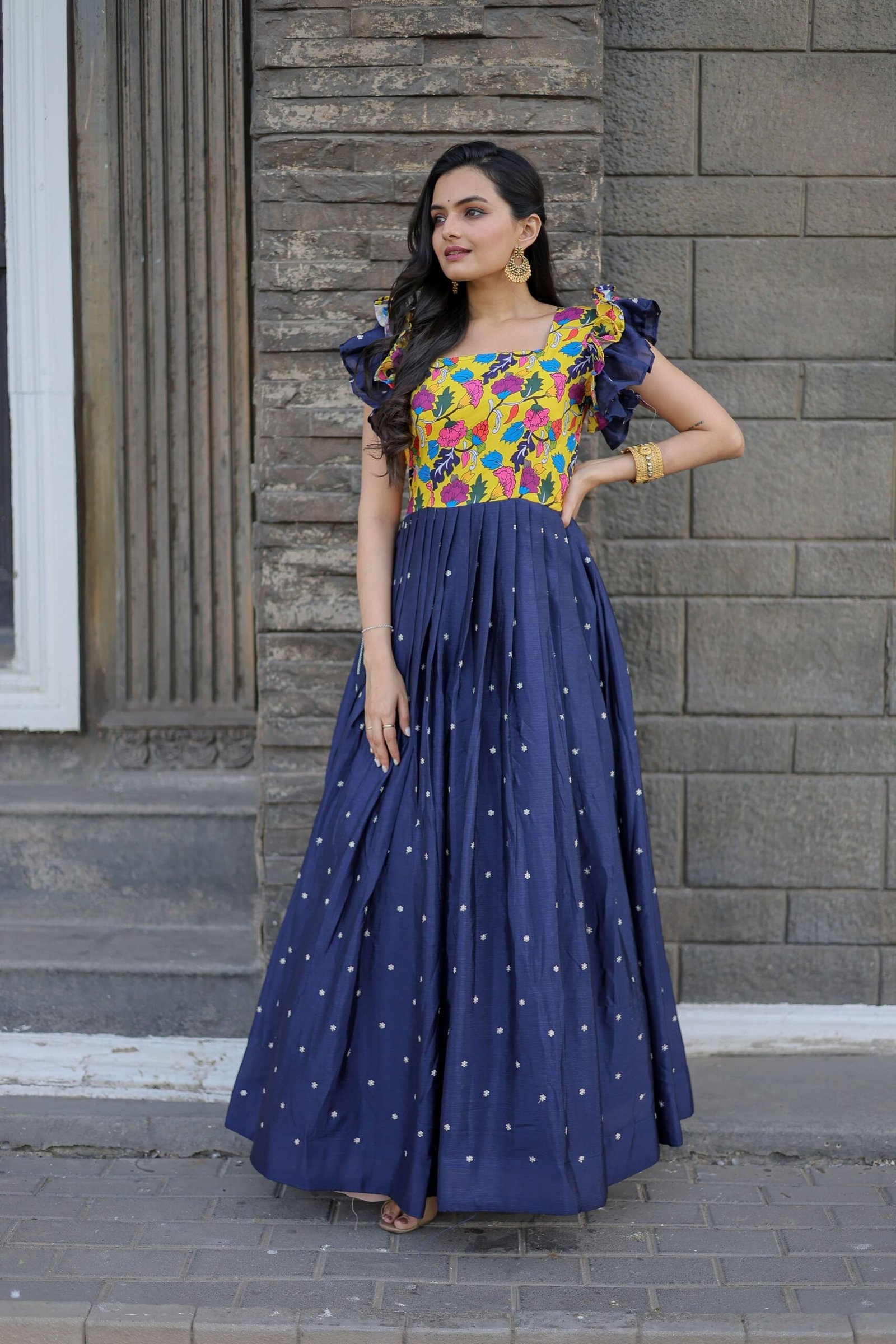 Blue Maslin & Chinon Designer Gown with Embroidery ? Elegant Ready-to-Wear Women?s Dress