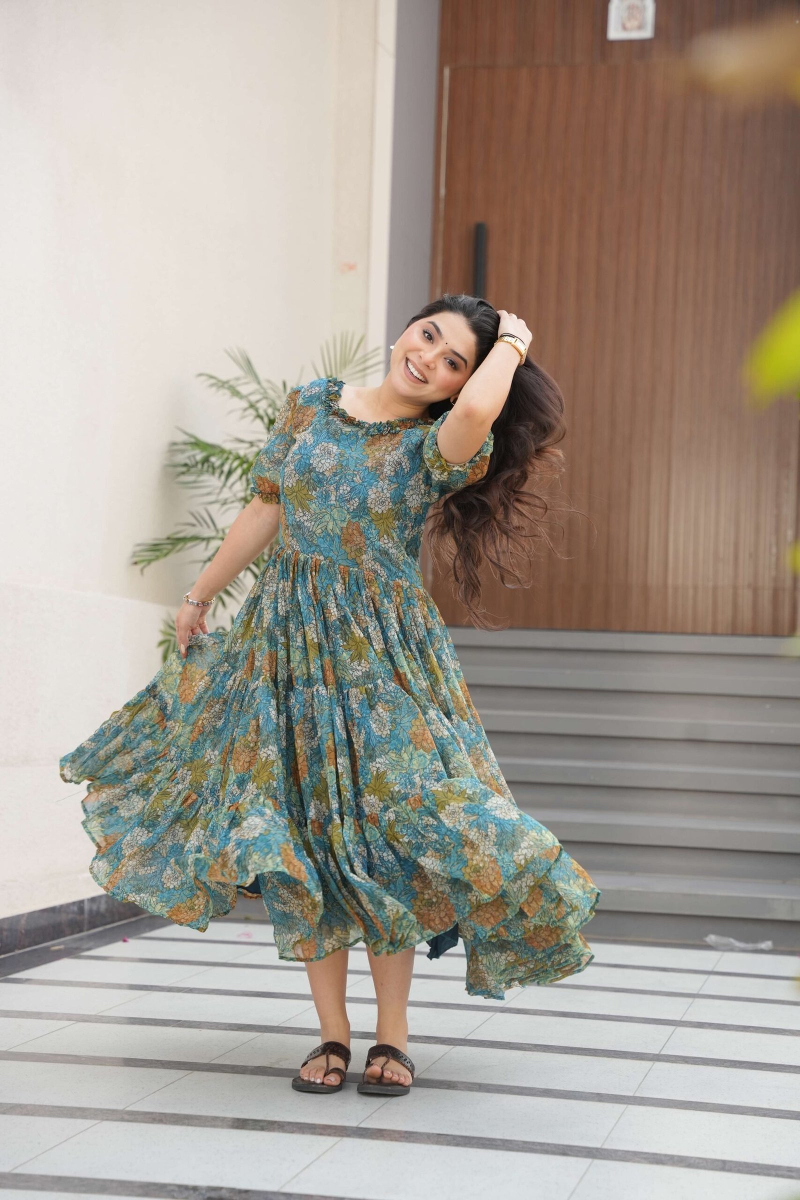 Blue Premium Faux Georgette Printed Full Flair Gown ? Collection