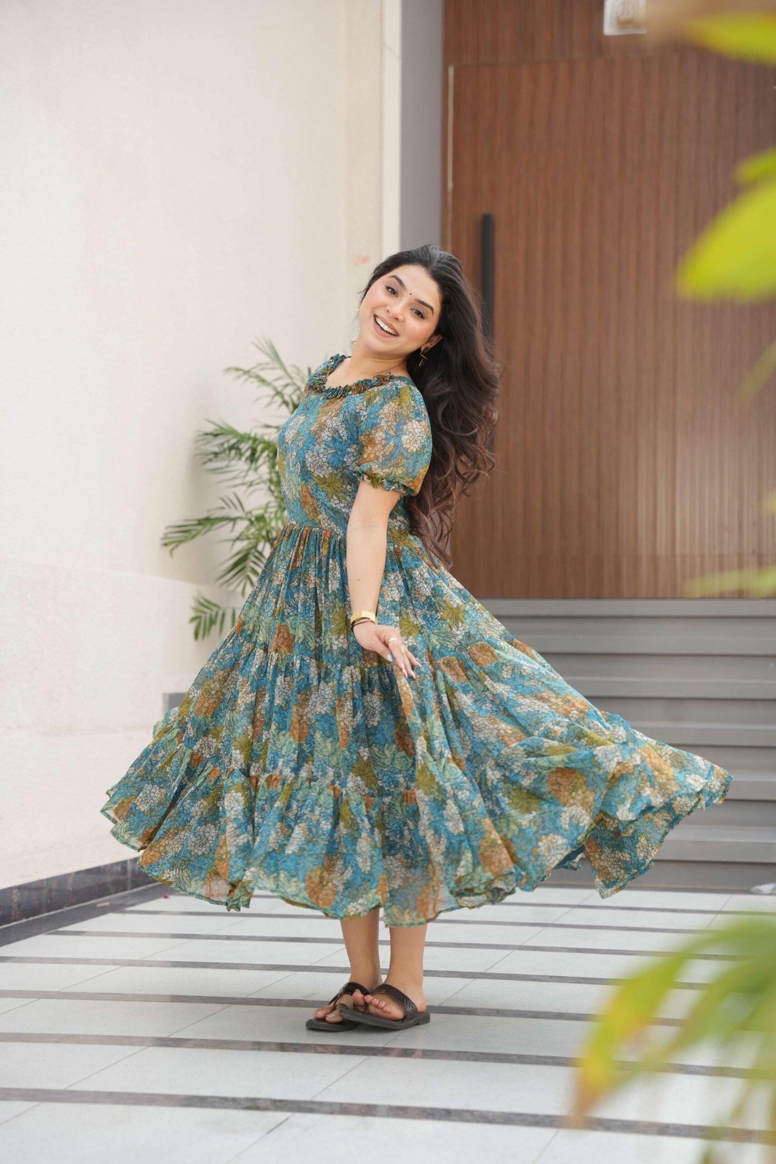 Blue Premium Faux Georgette Printed Full Flair Gown ? Collection